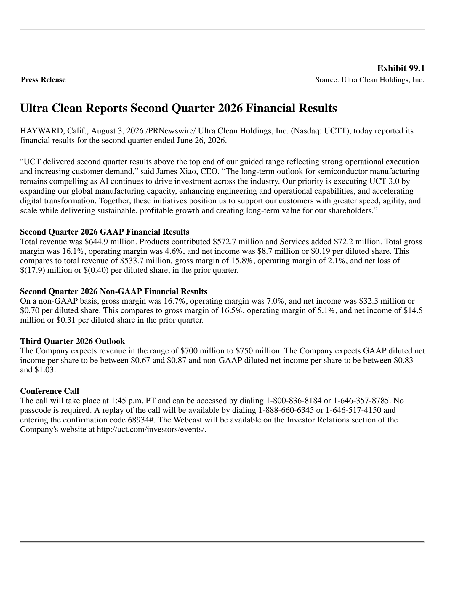 Ultra Clean's Q2 2026 Press Release