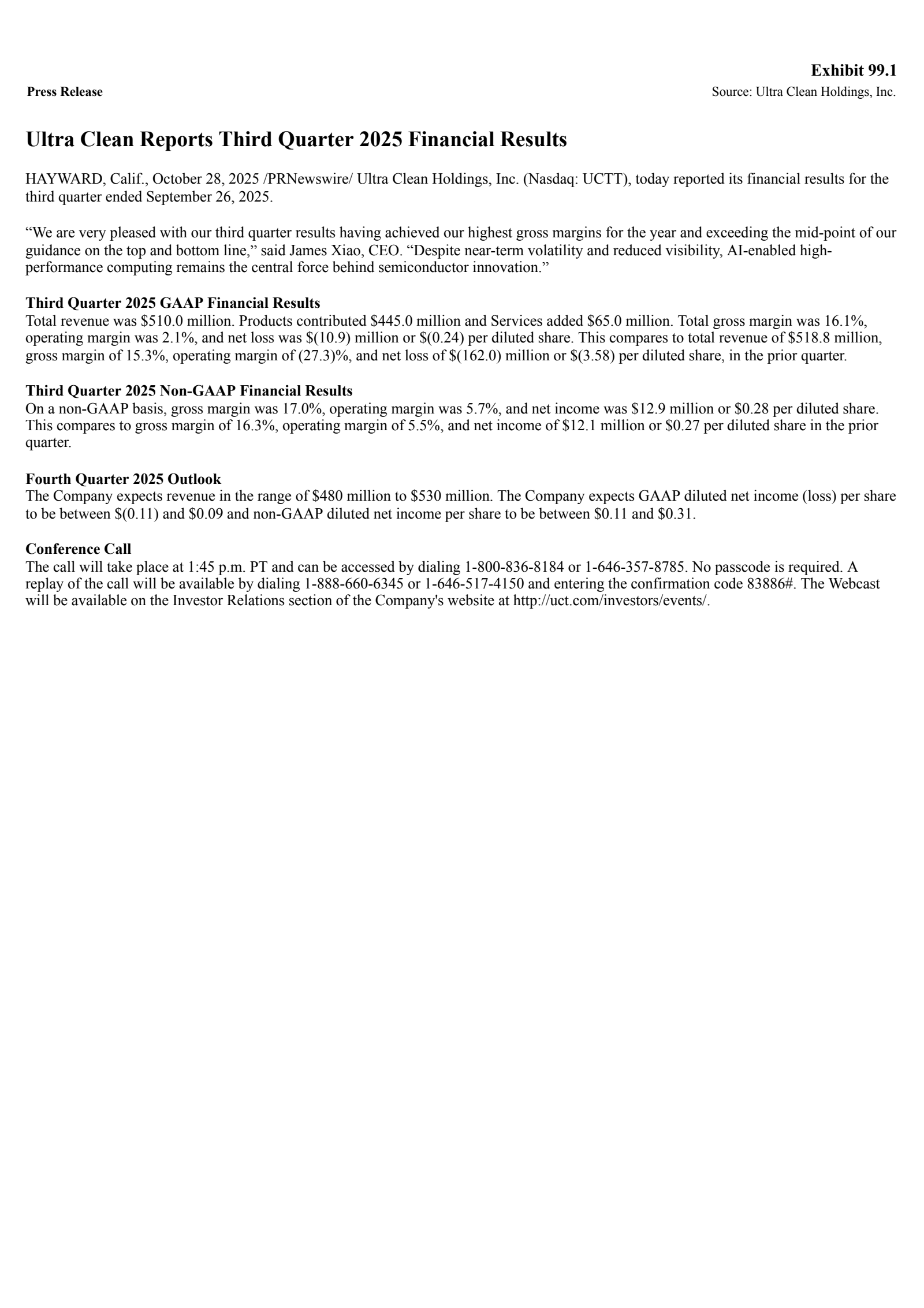 Ultra Clean's Q3 2025 Earnings Release