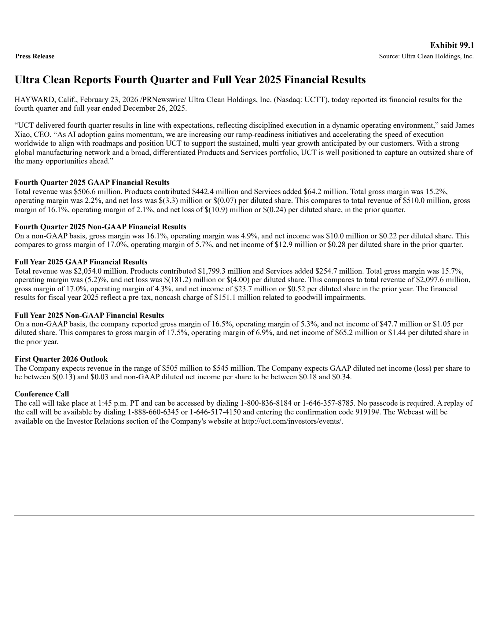 Ultra Clean's Q4 2025 Press Release
