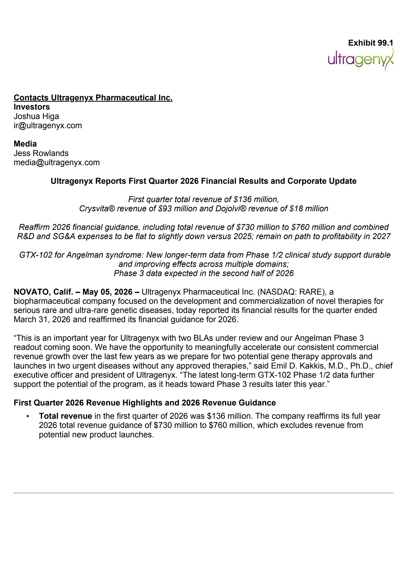 Ultragenyx Pharmaceutical's Q1 2026 Press Release