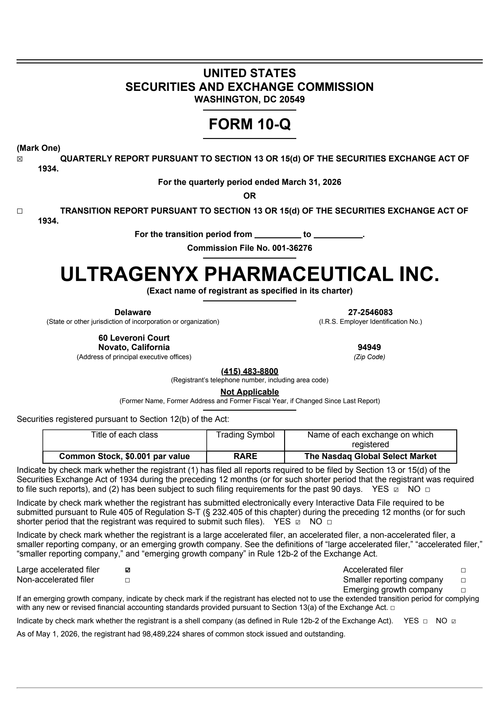 Ultragenyx Pharmaceutical's Q1 2026 Quarterly report