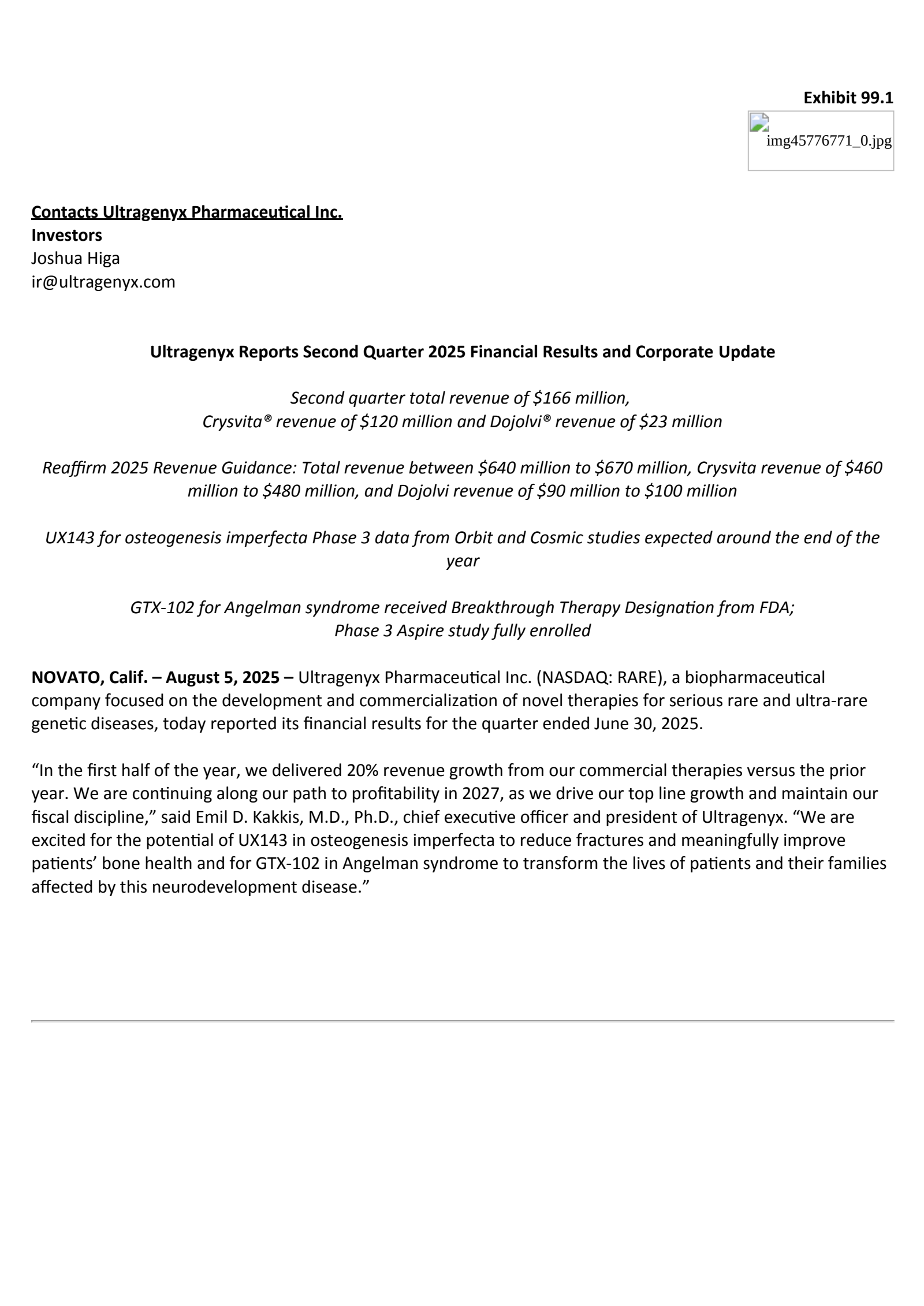 Ultragenyx Pharmaceutical's Q2 2025 Press Release