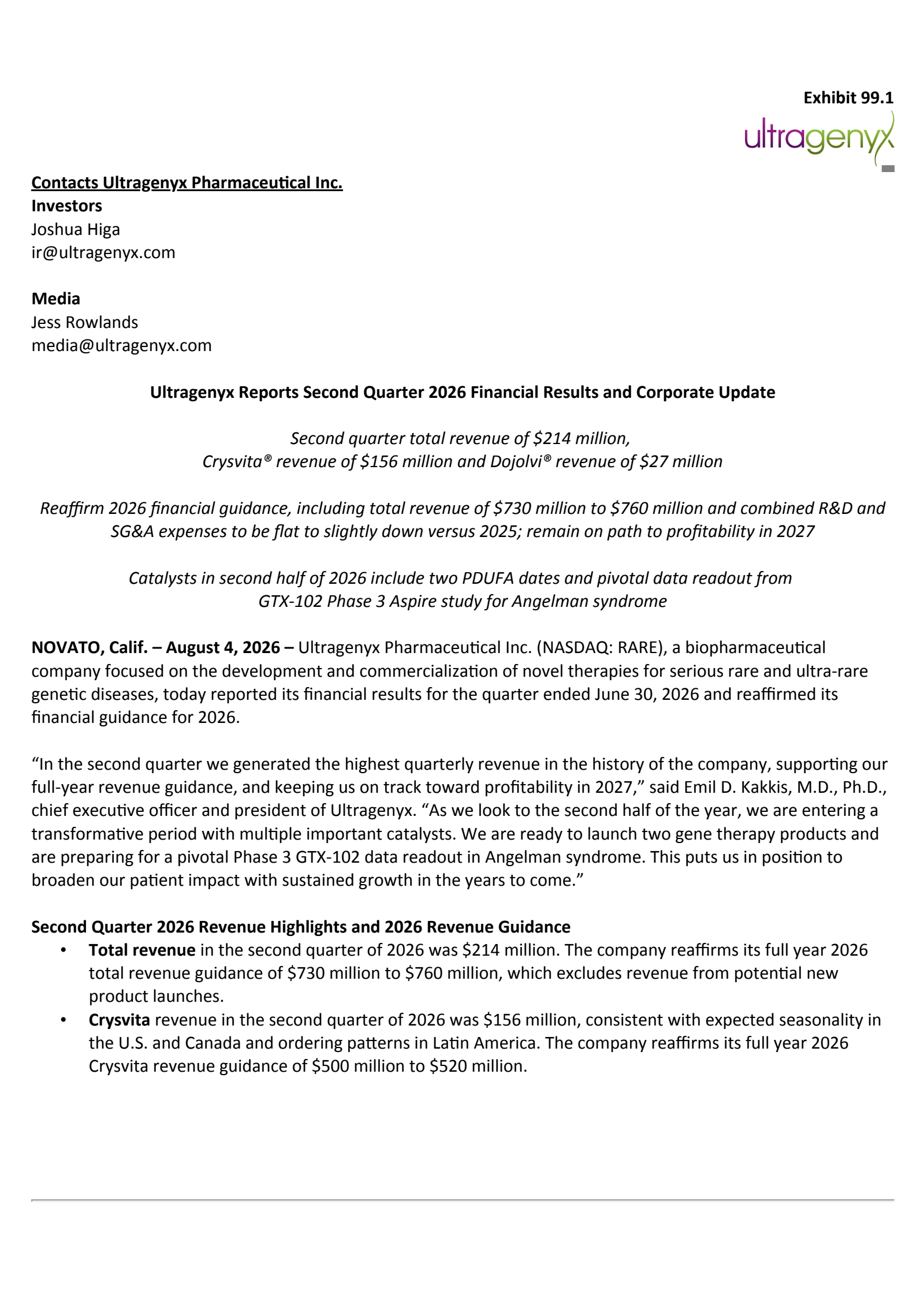 Ultragenyx Pharmaceutical's Q2 2026 Press Release
