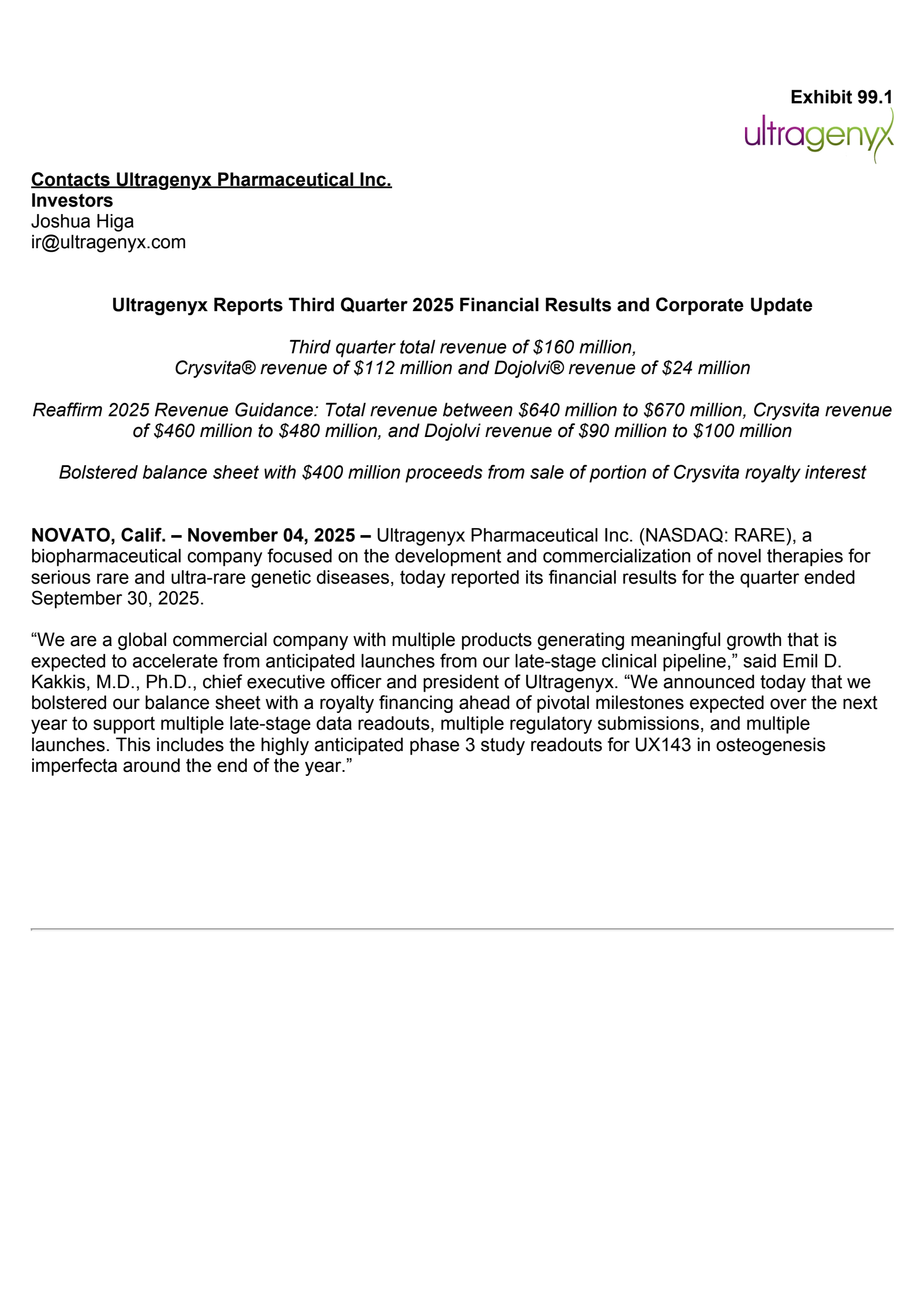 Ultragenyx Pharmaceutical's Q3 2025 Earnings Release