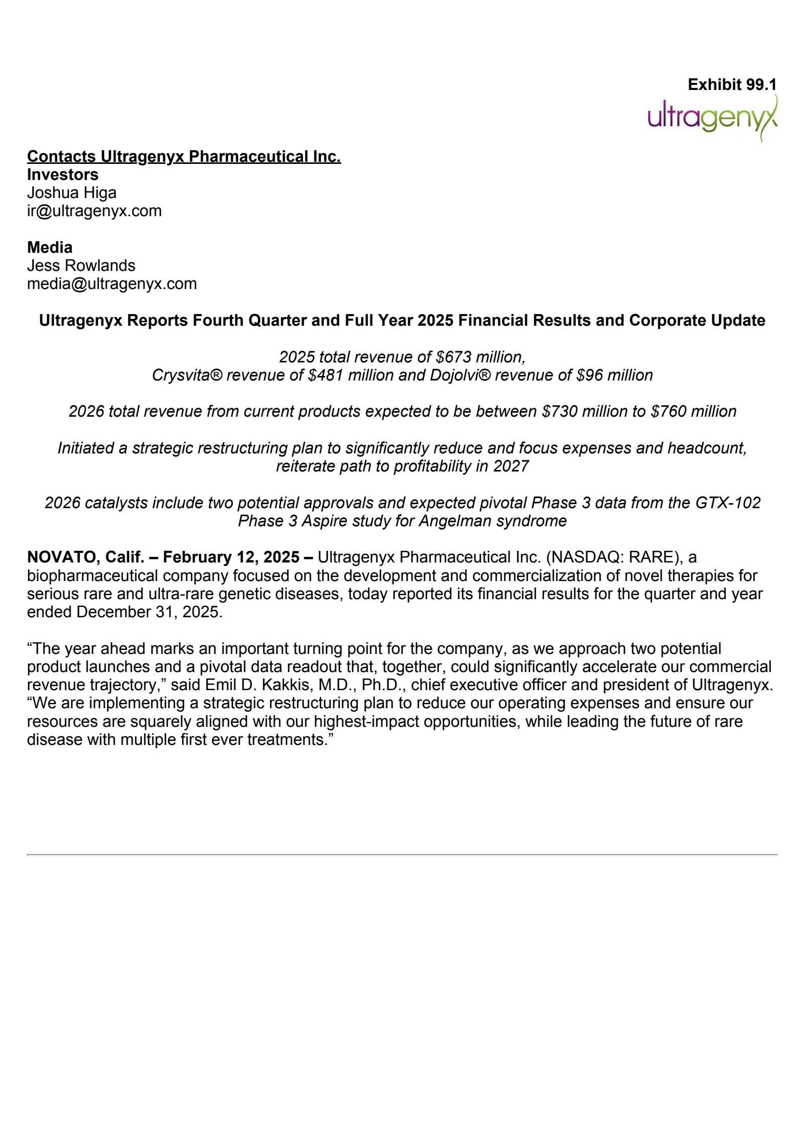 Ultragenyx Pharmaceutical's Q4 2025 Press Release
