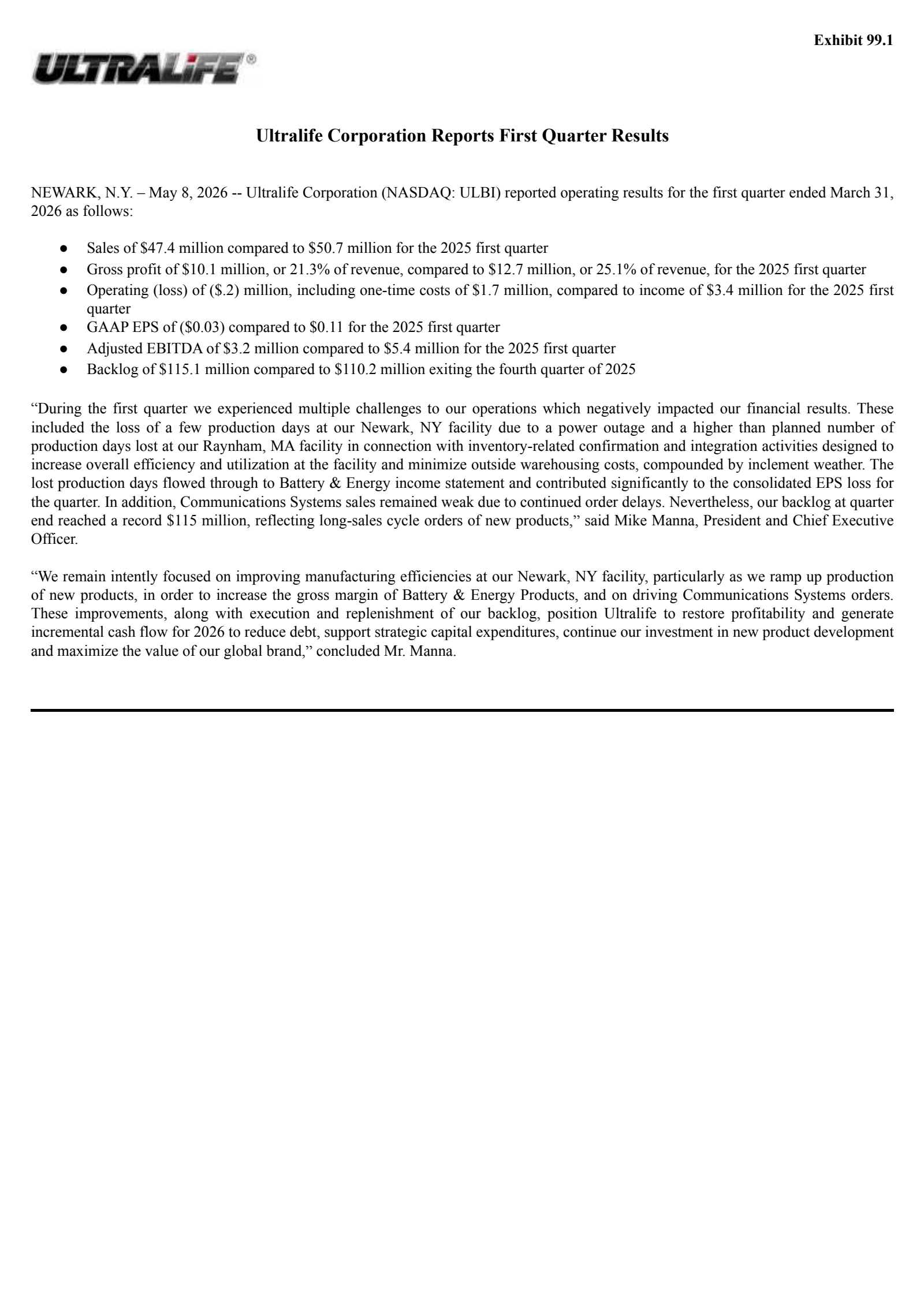 Ultralife's Q1 2026 Press Release