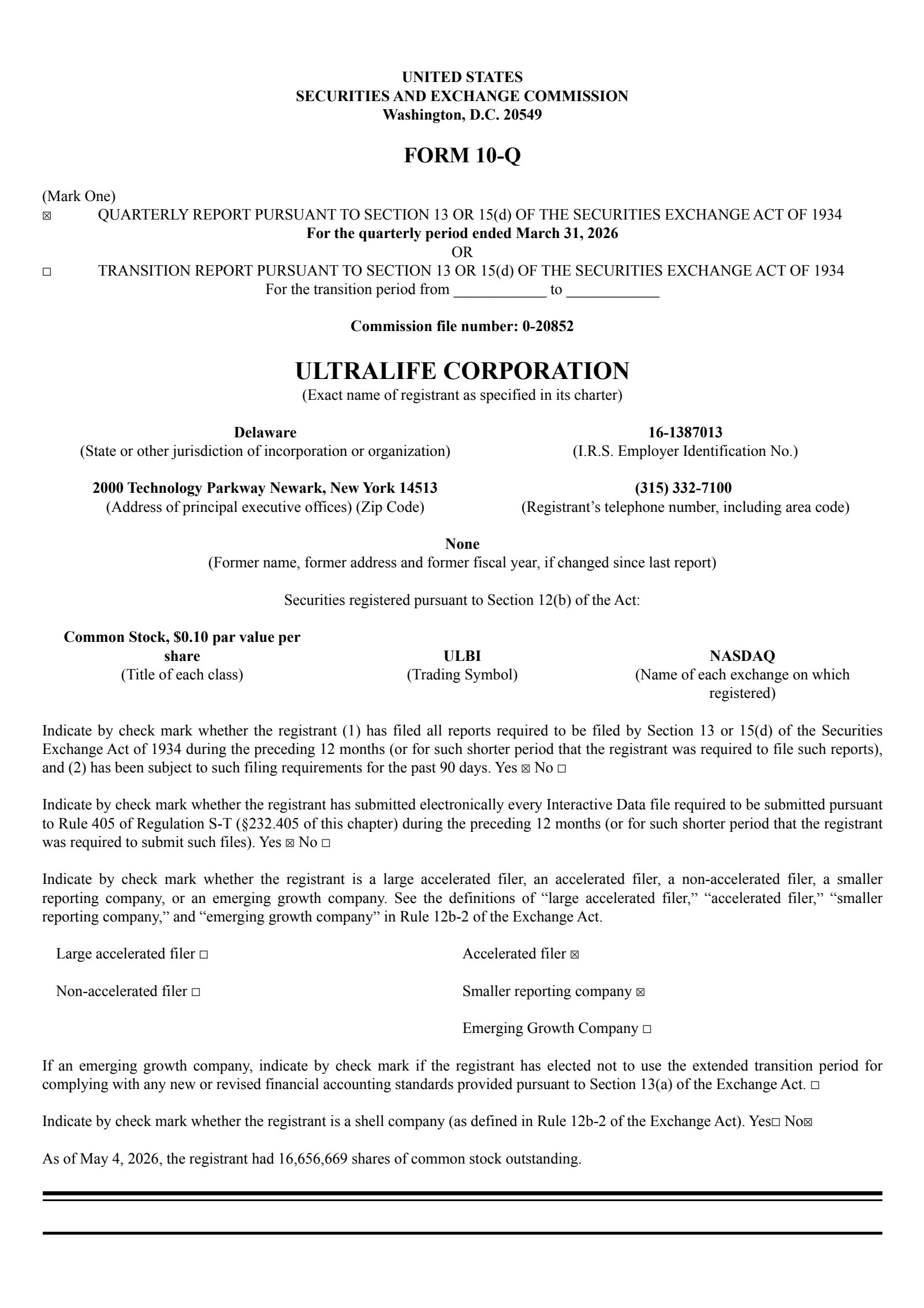Ultralife's Q1 2026 Quarterly report