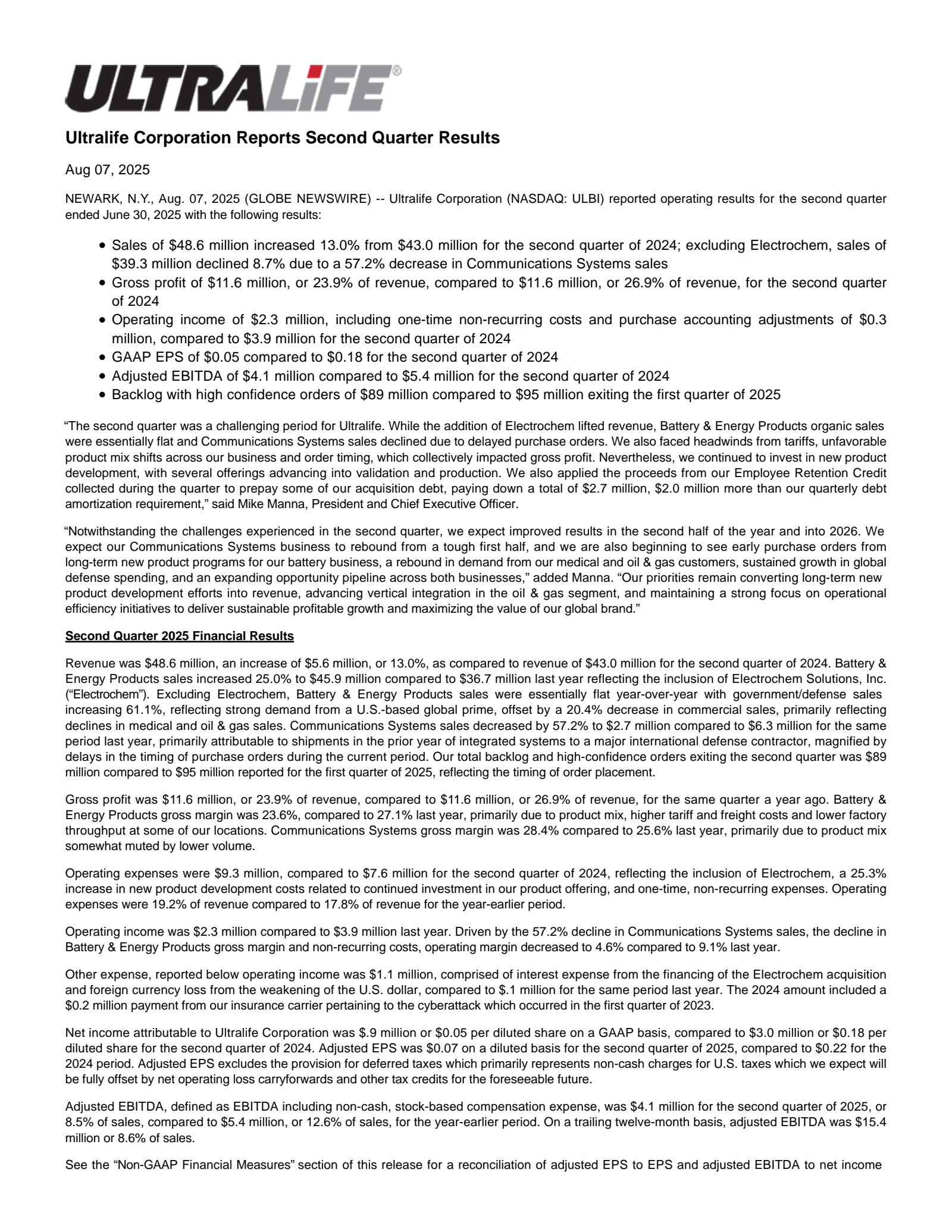 Ultralife's Q2 2025 Press Release