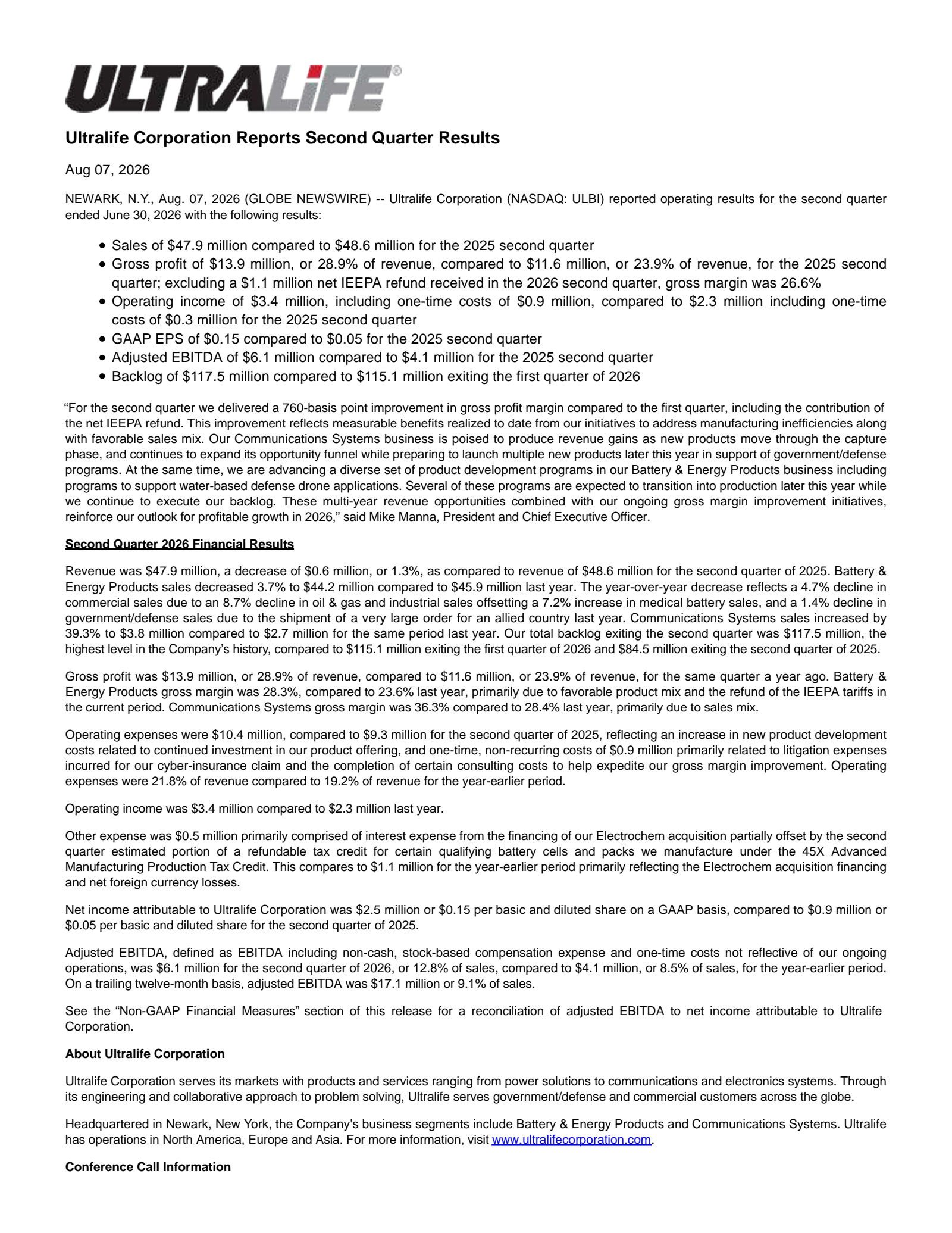Ultralife's Q2 2026 Press Release