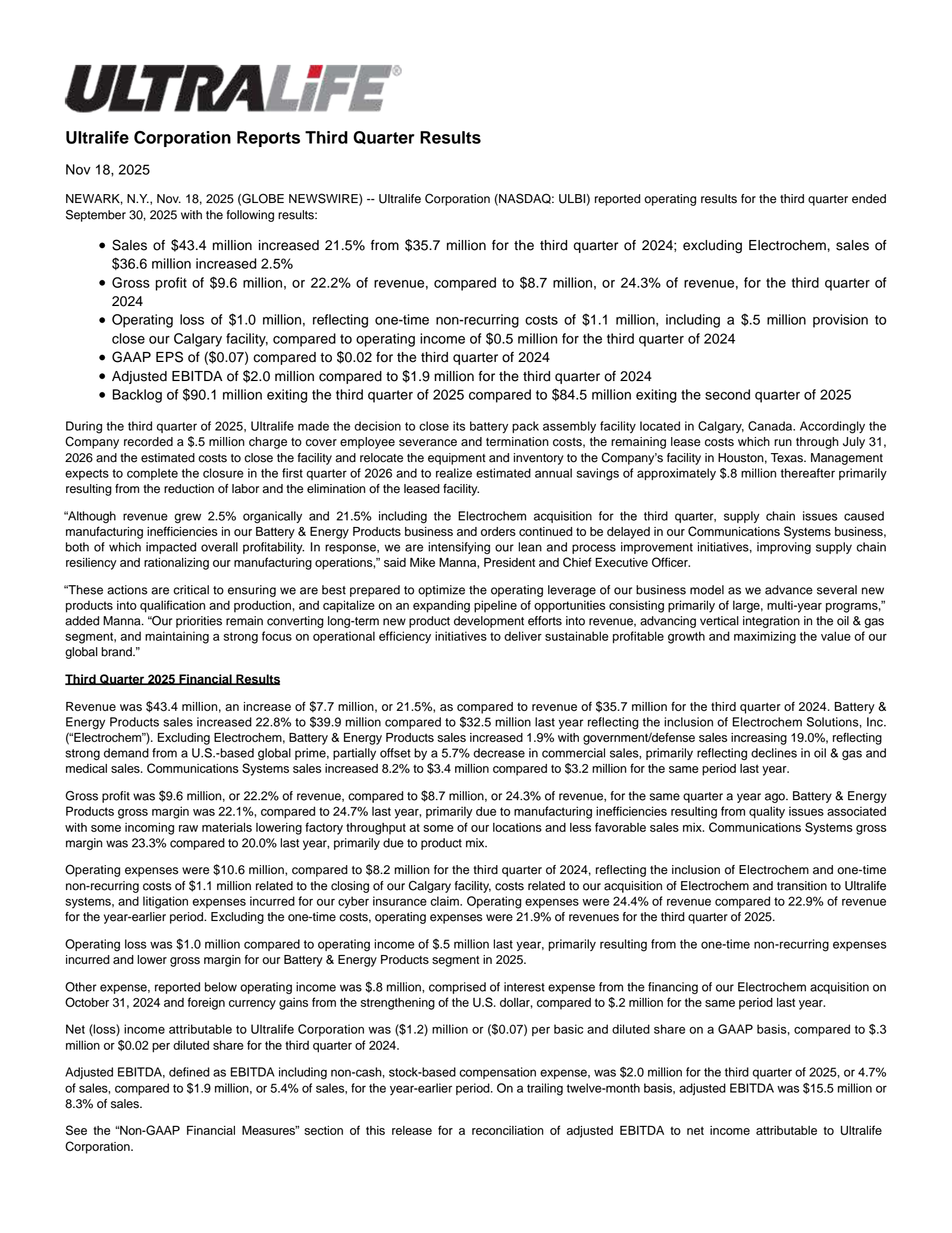 Ultralife's Q3 2025 Earnings Release