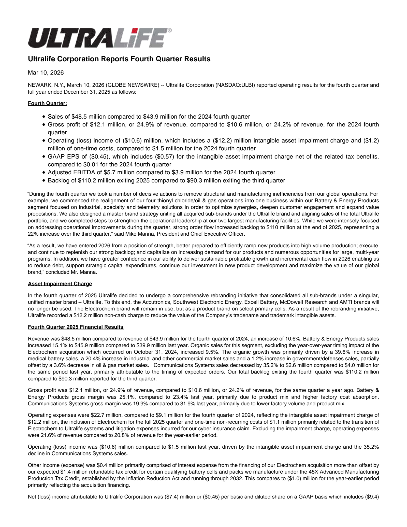 Ultralife's Q4 2025 Press Release