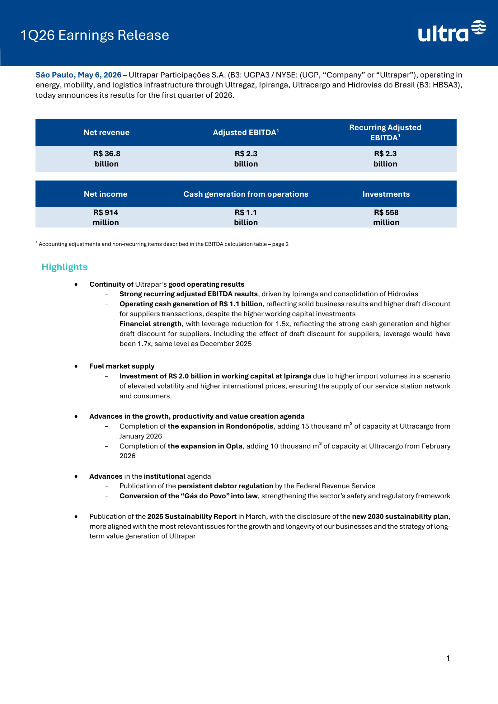 Ultrapar Participacoes' Q1 2026 Press Release
