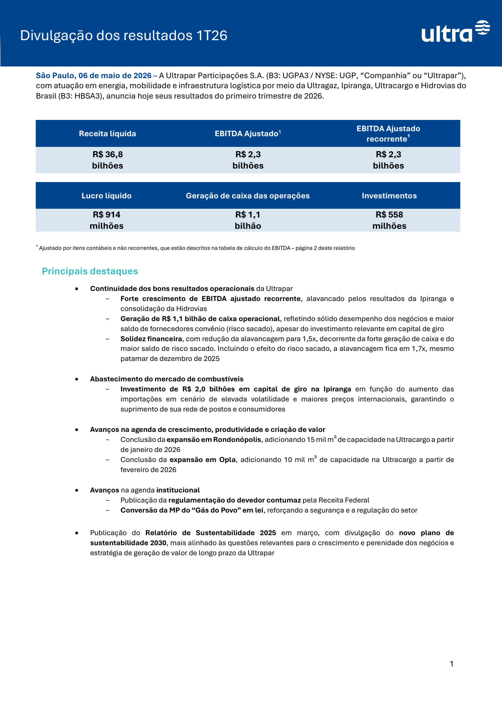 Ultrapar Participacoes' Q1 2026 Press Release