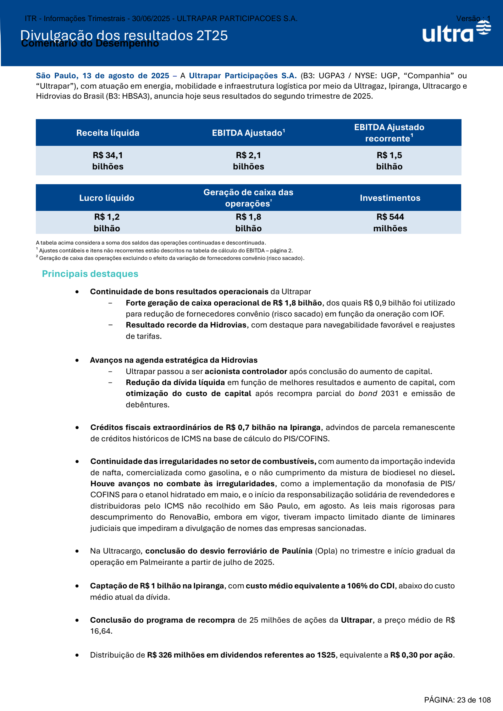 Ultrapar Participacoes' Q2 2025 Press Release
