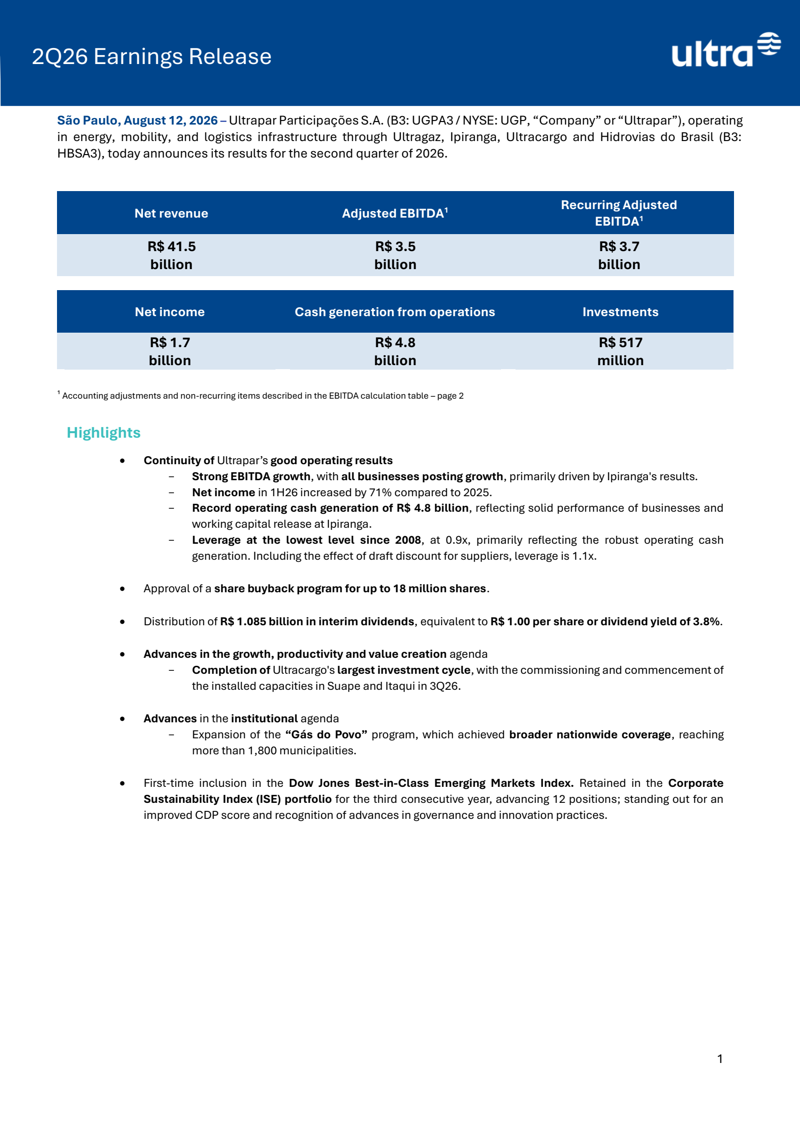 Ultrapar Participacoes' Q2 2026 Press Release