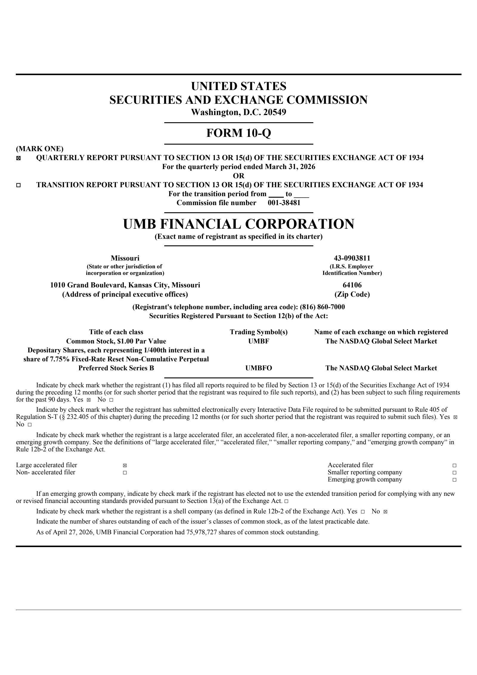 UMB Financial's Q1 2026 Quarterly report