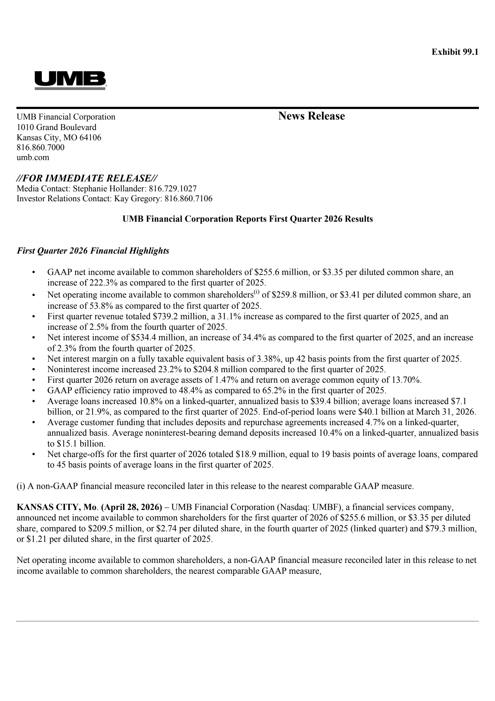 UMB Financial's Q1 2026 Press Release