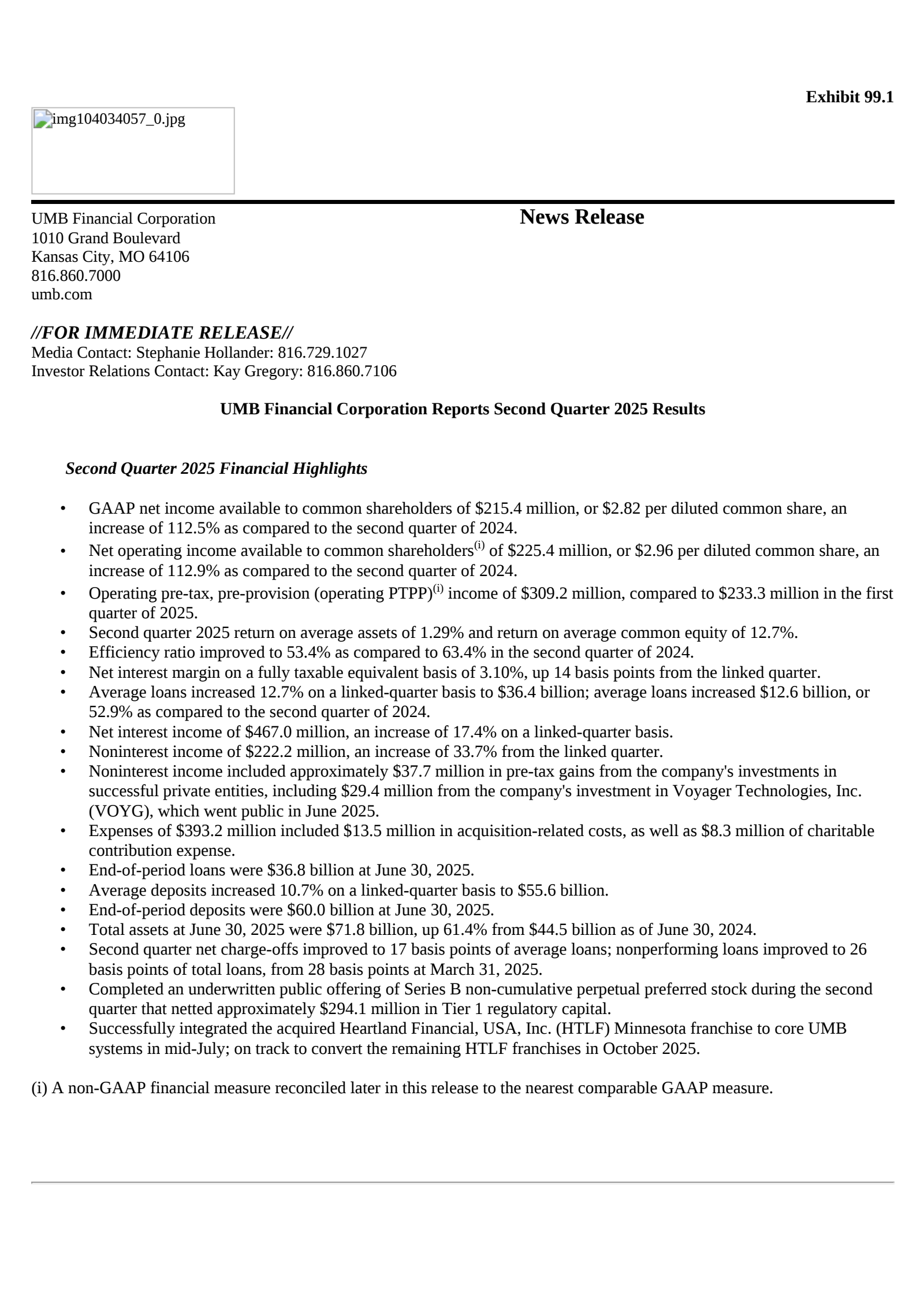 UMB Financial's Q2 2025 Press Release