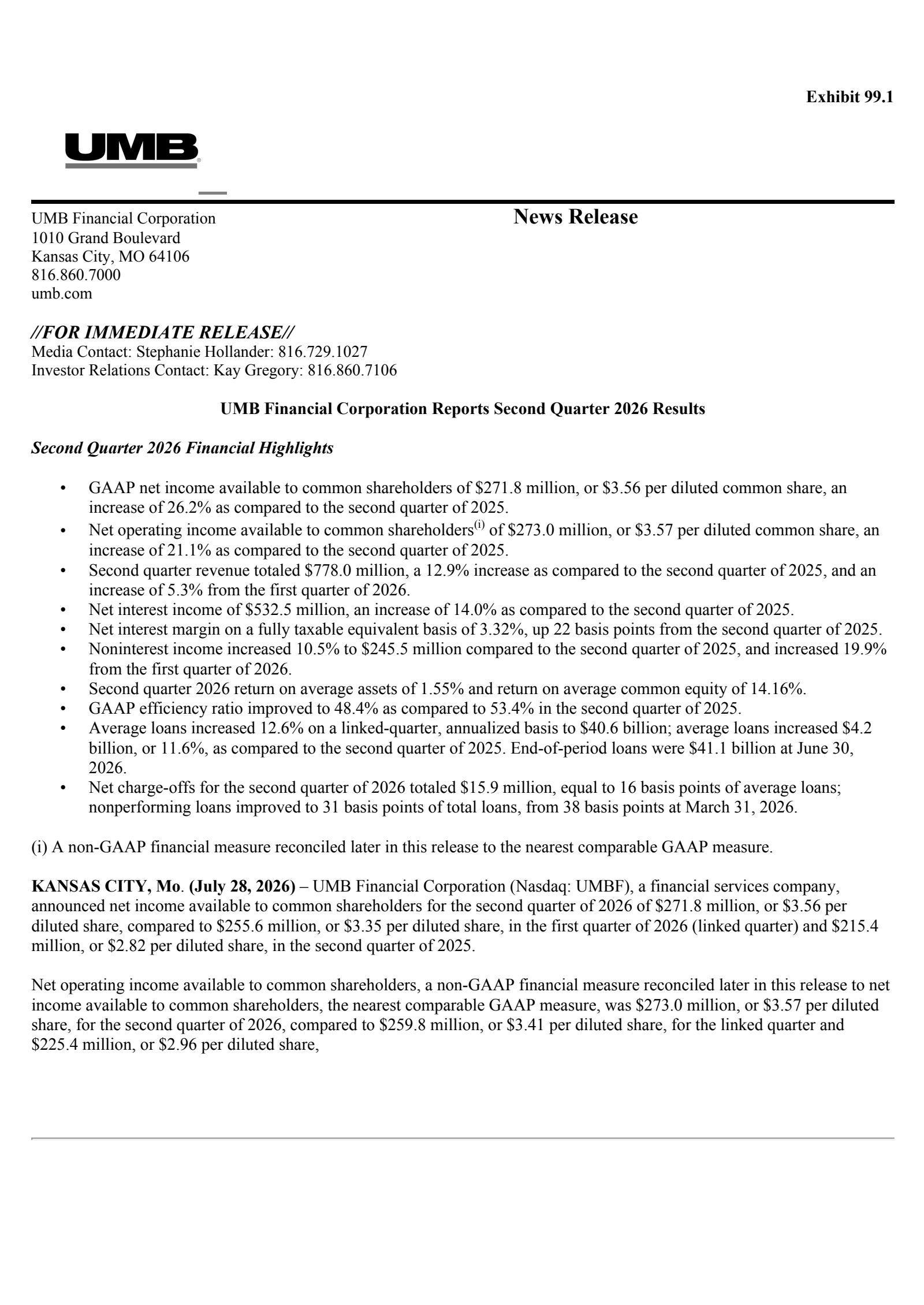 UMB Financial's Q2 2026 Press Release