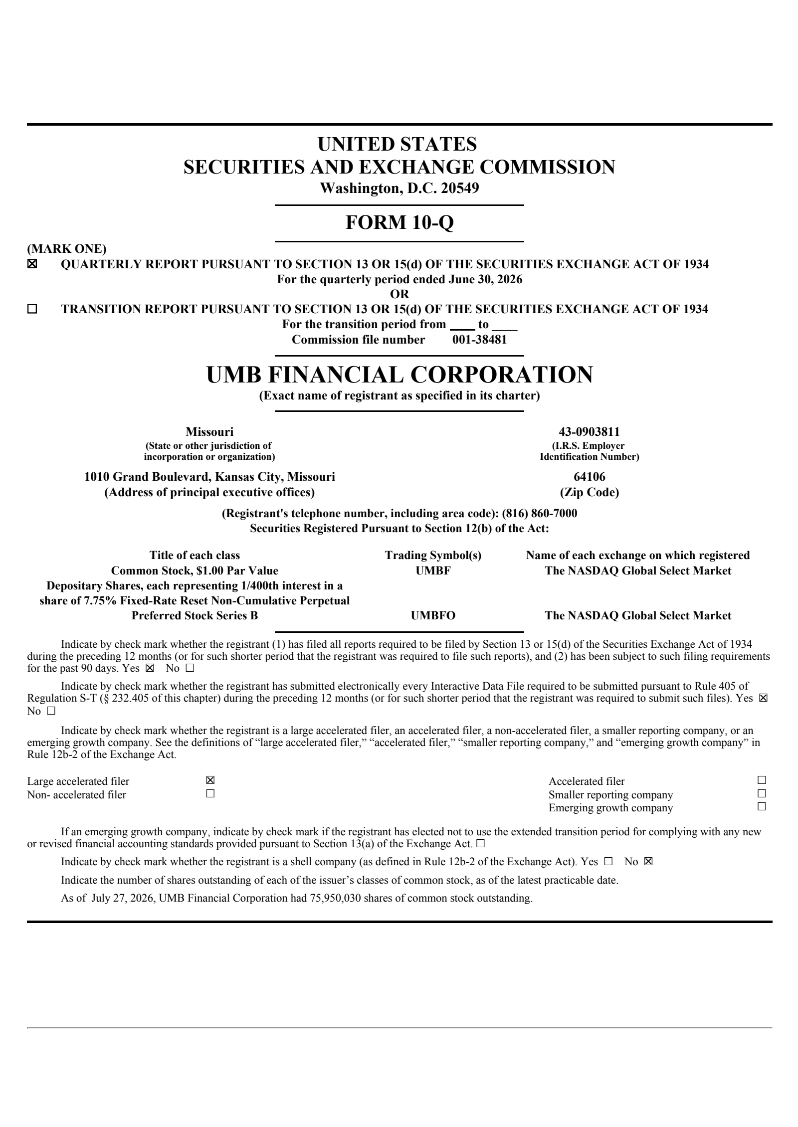 UMB Financial's Q2 2026 Quarterly report