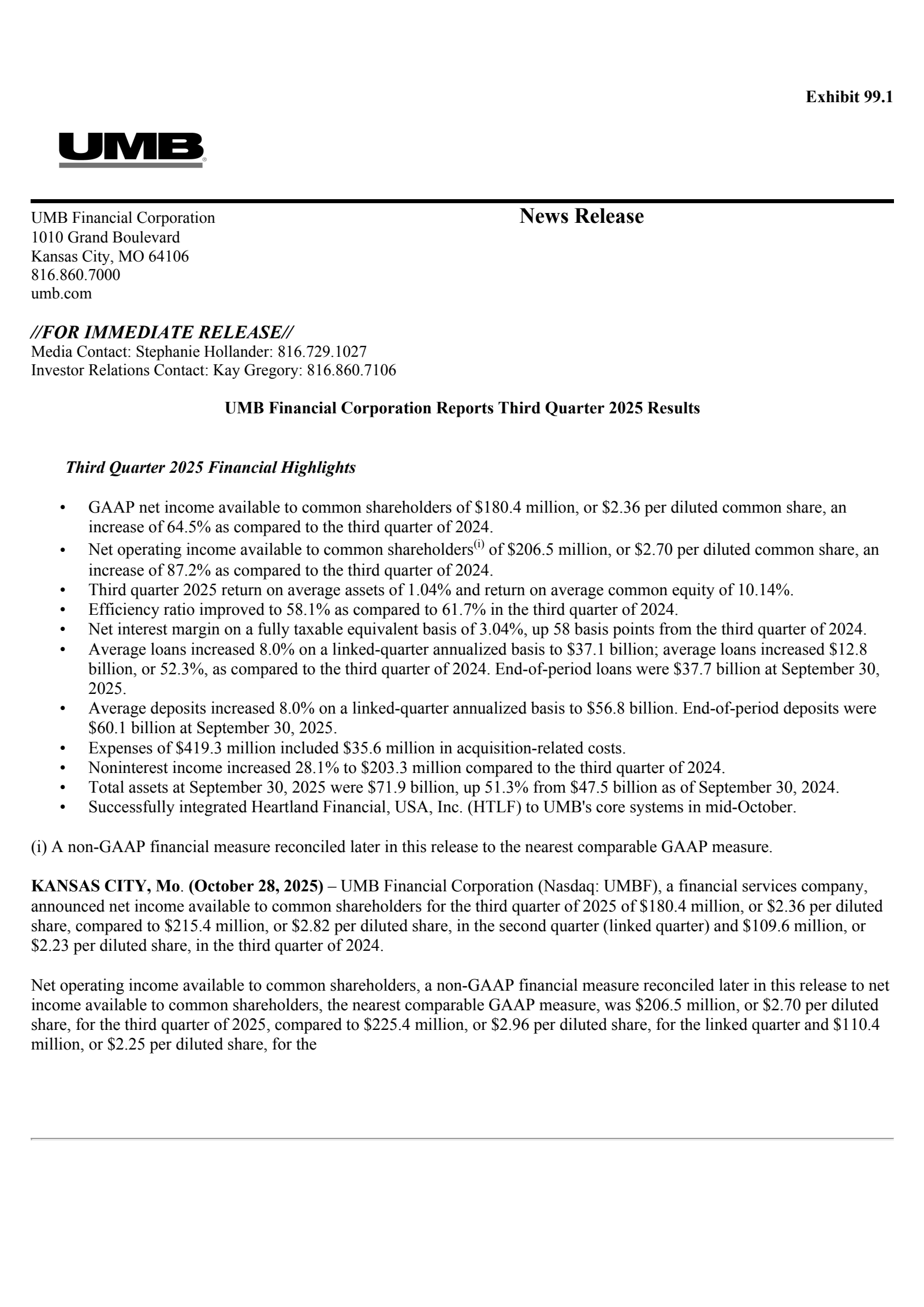 UMB Financial's Q3 2025 Earnings Release