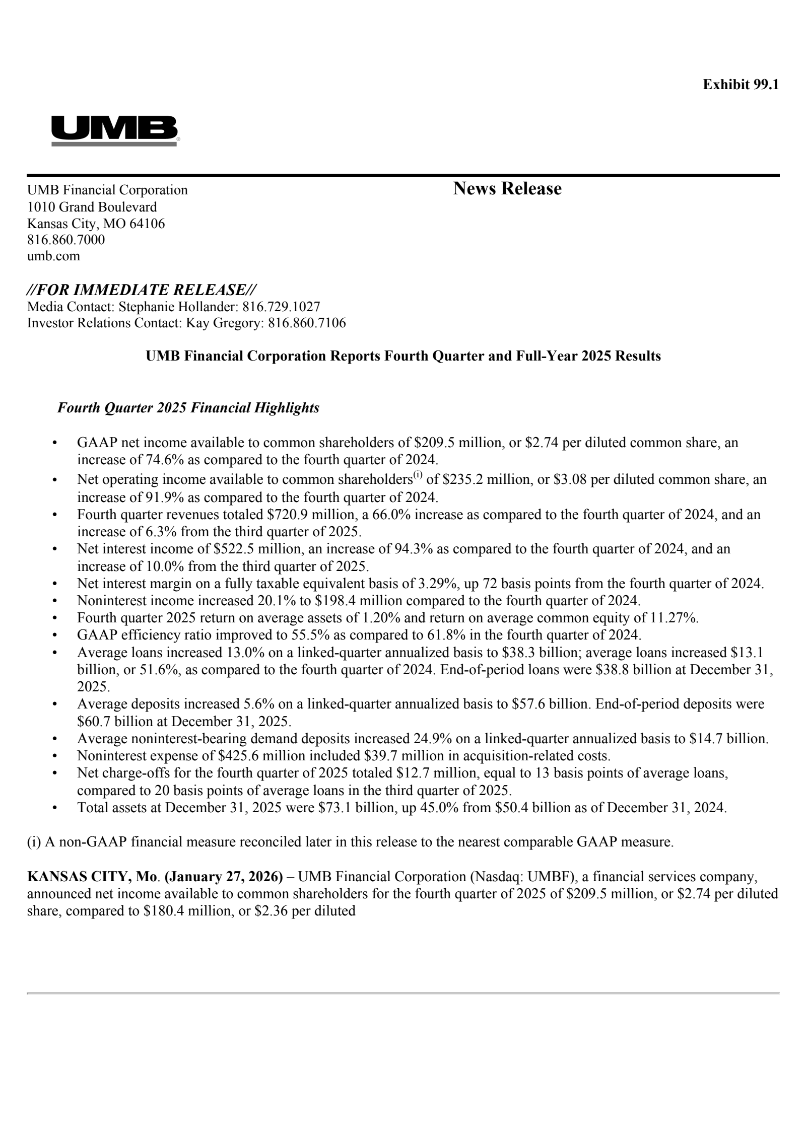 UMB Financial's Q4 2025 Press Release