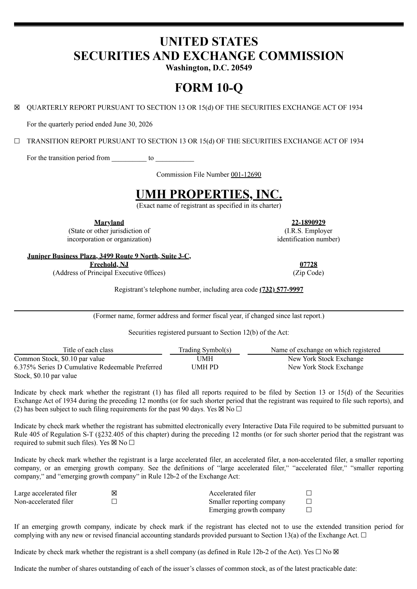 UMH Properties' Q2 2026 Quarterly report