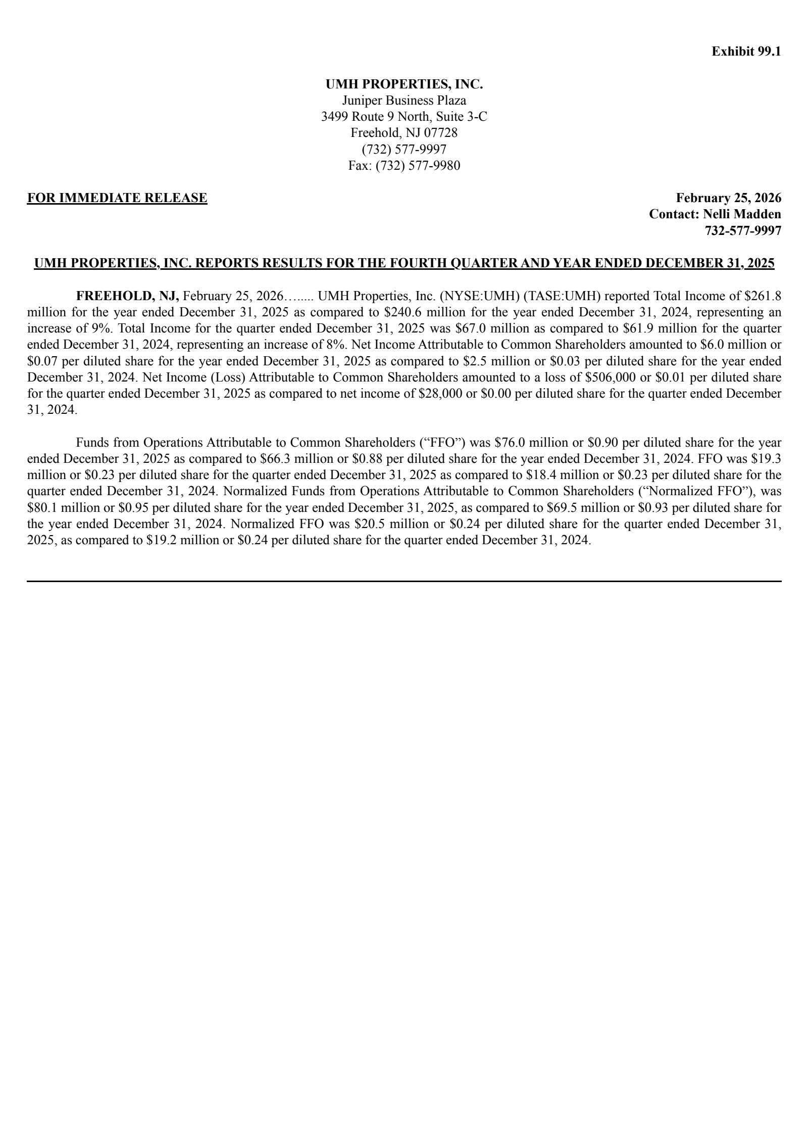 UMH Properties' Q4 2025 Press Release