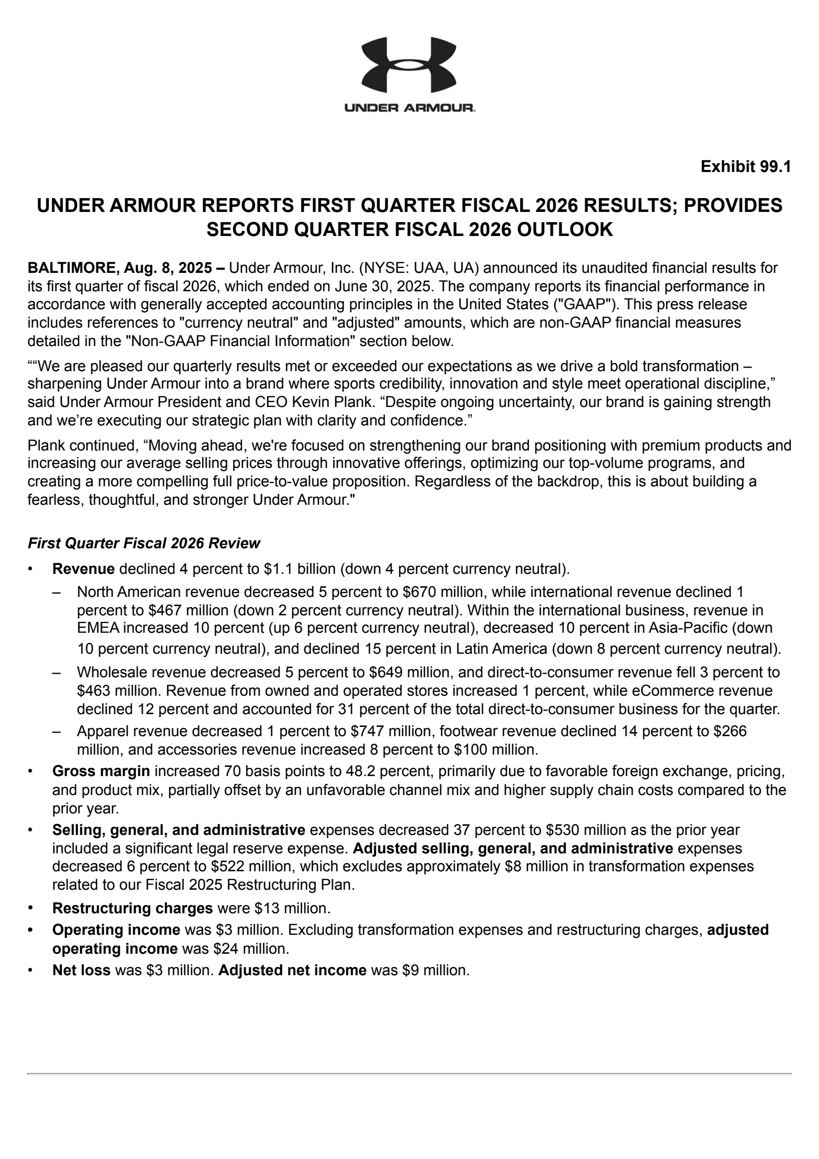 Under Armour's Q1 2026 Press Release