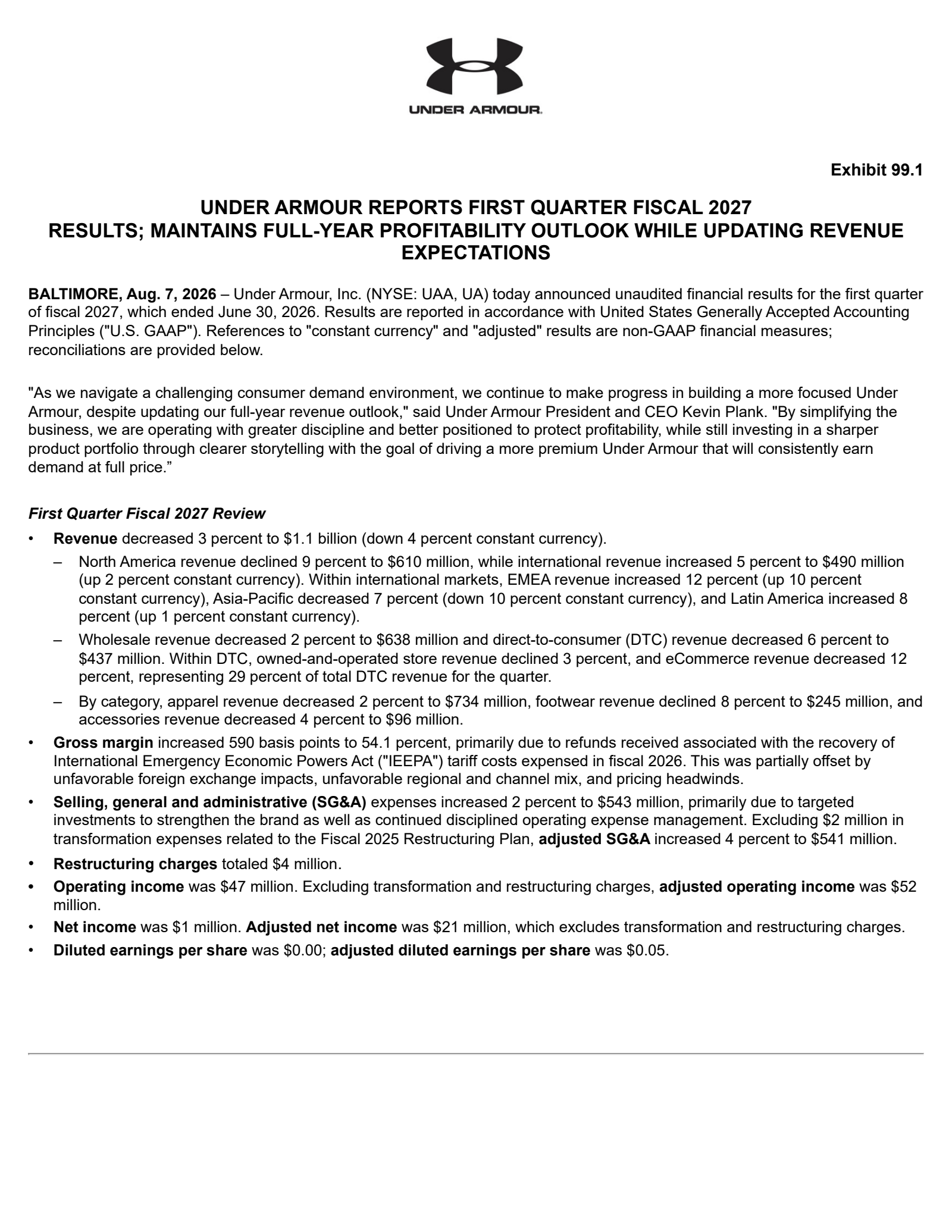 Under Armour's Q1 2027 Press Release