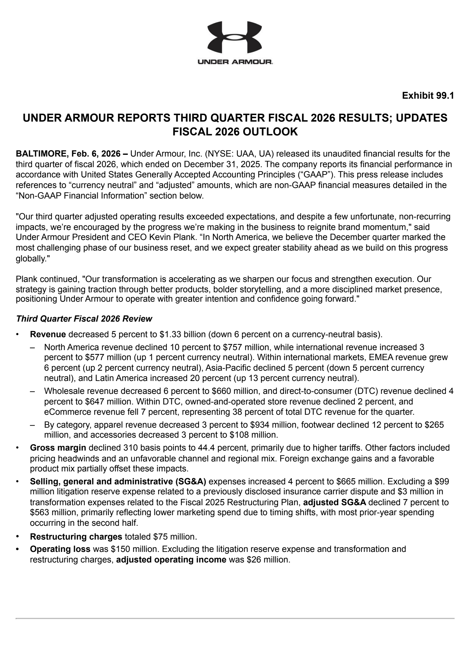 Under Armour's Q3 2026 Press Release