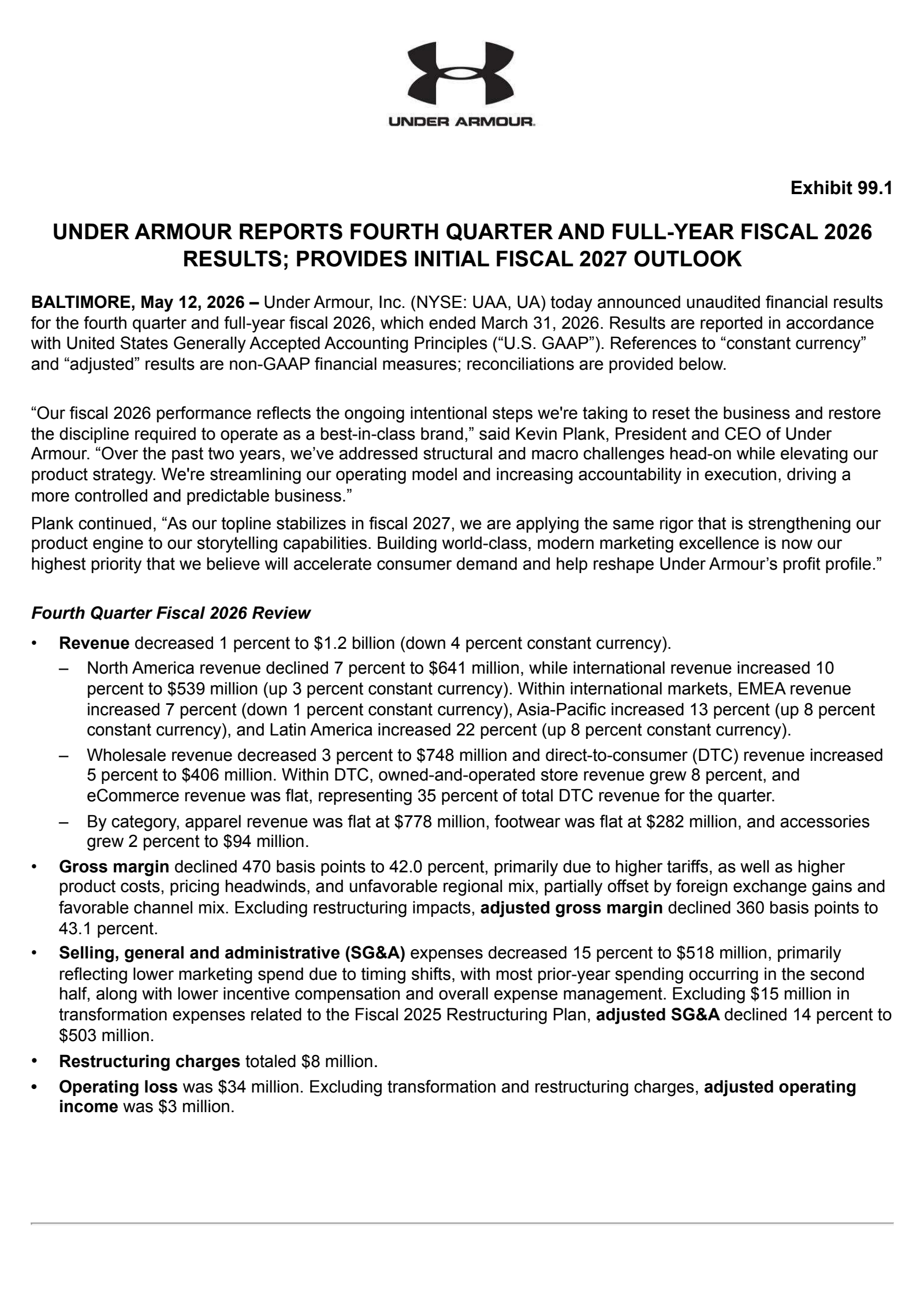 Under Armour's Q4 2026 Press Release
