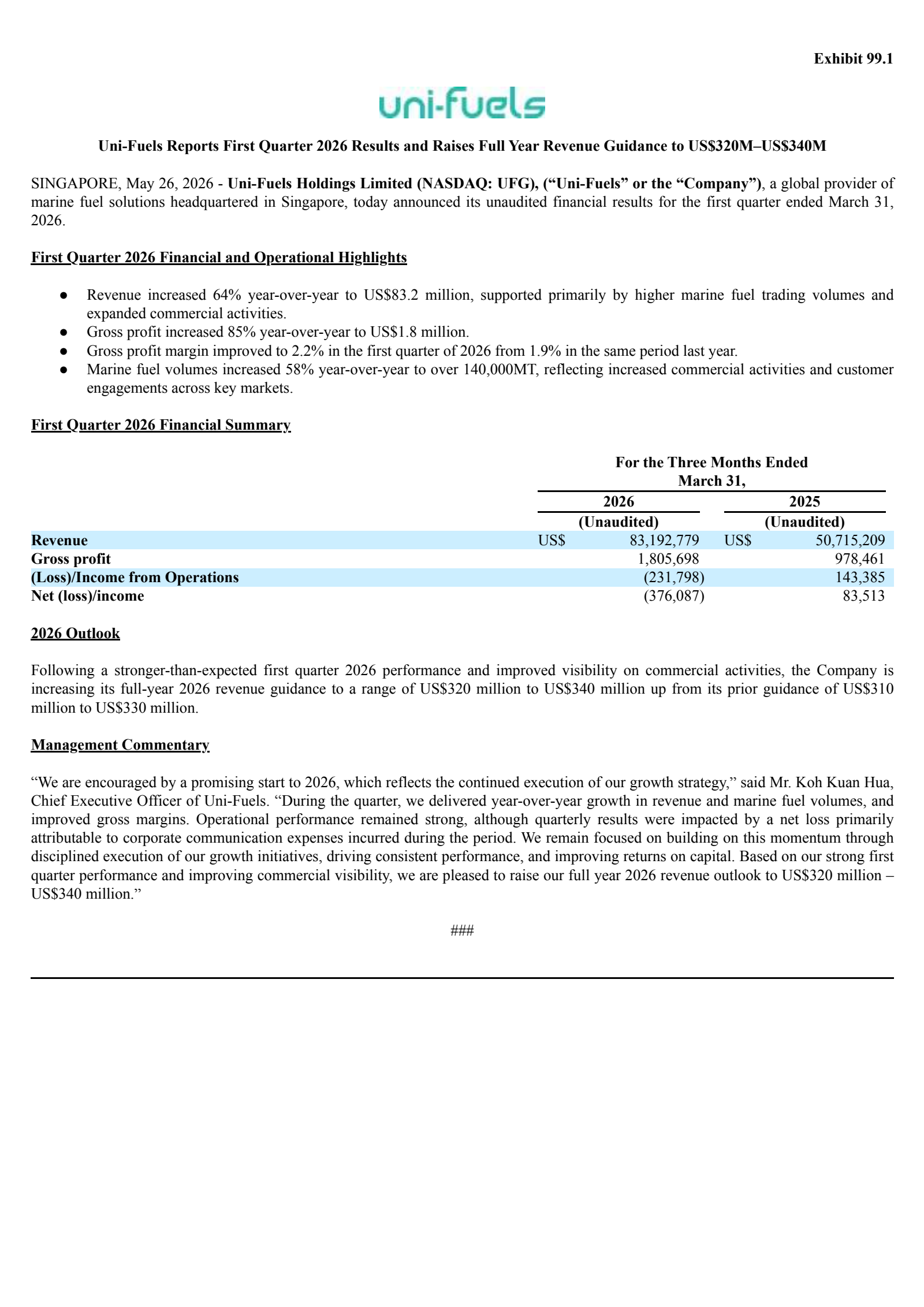 Uni-Fuels' Q1 2026 Press Release