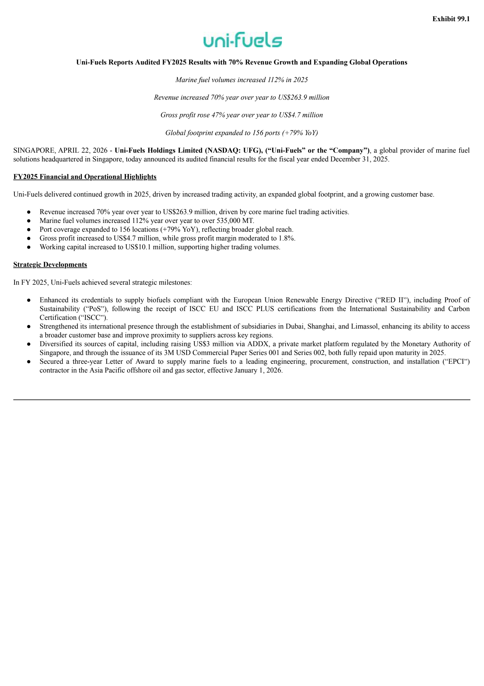 Uni-Fuels' Q4 2025 Press Release
