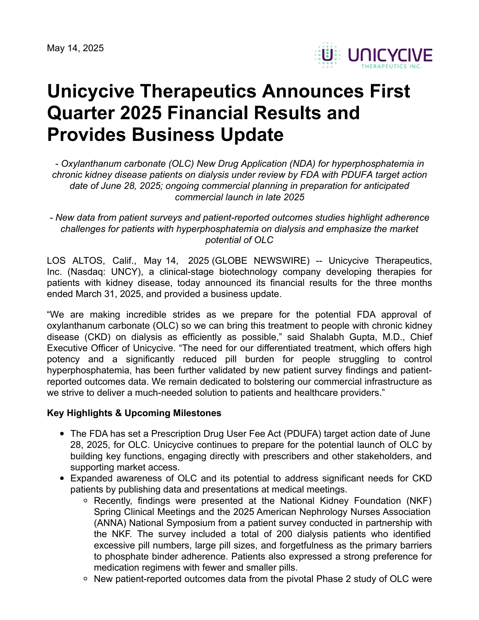 Unicycive Therapeutics' Q1 2025 Press Release