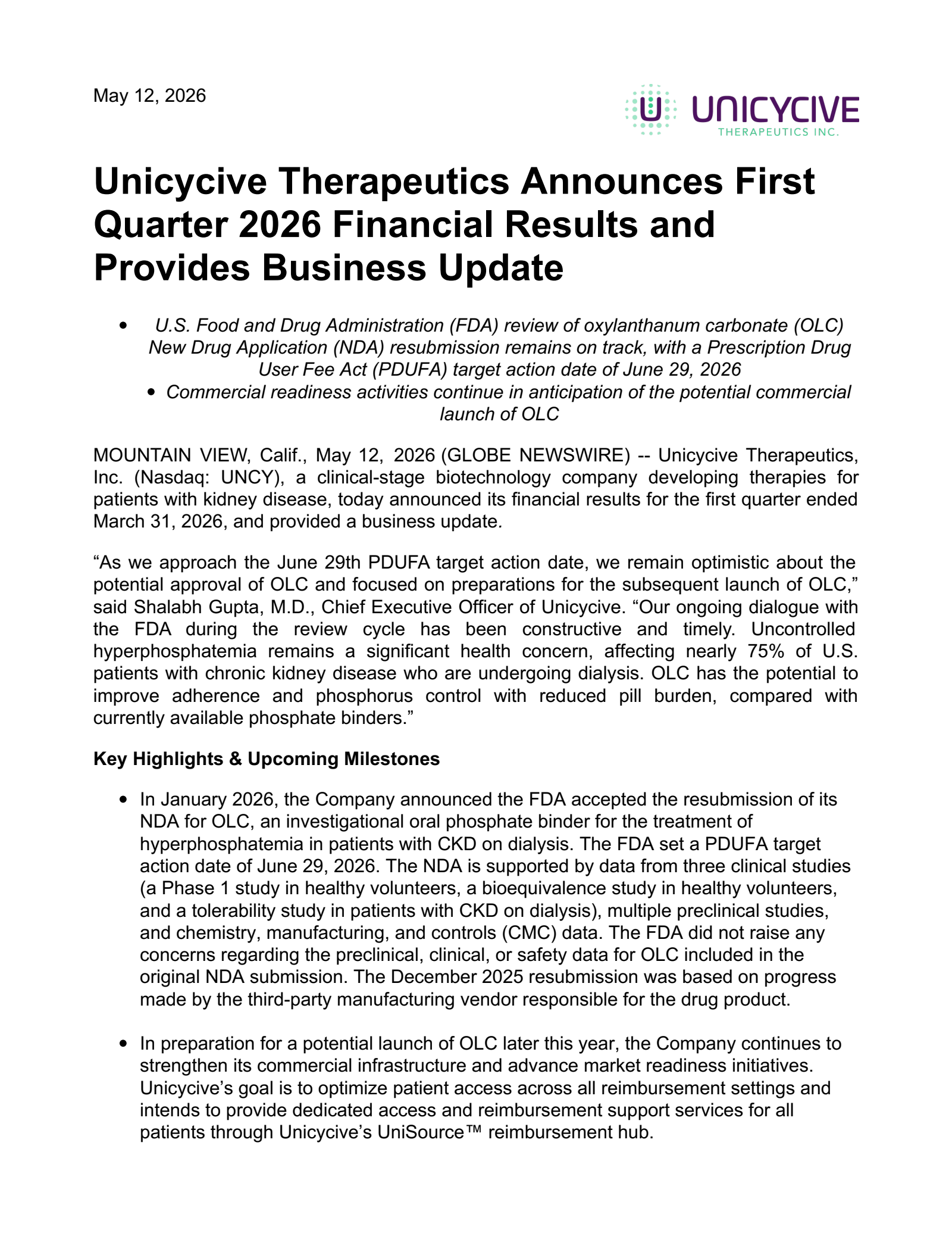 Unicycive Therapeutics' Q1 2026 Press Release