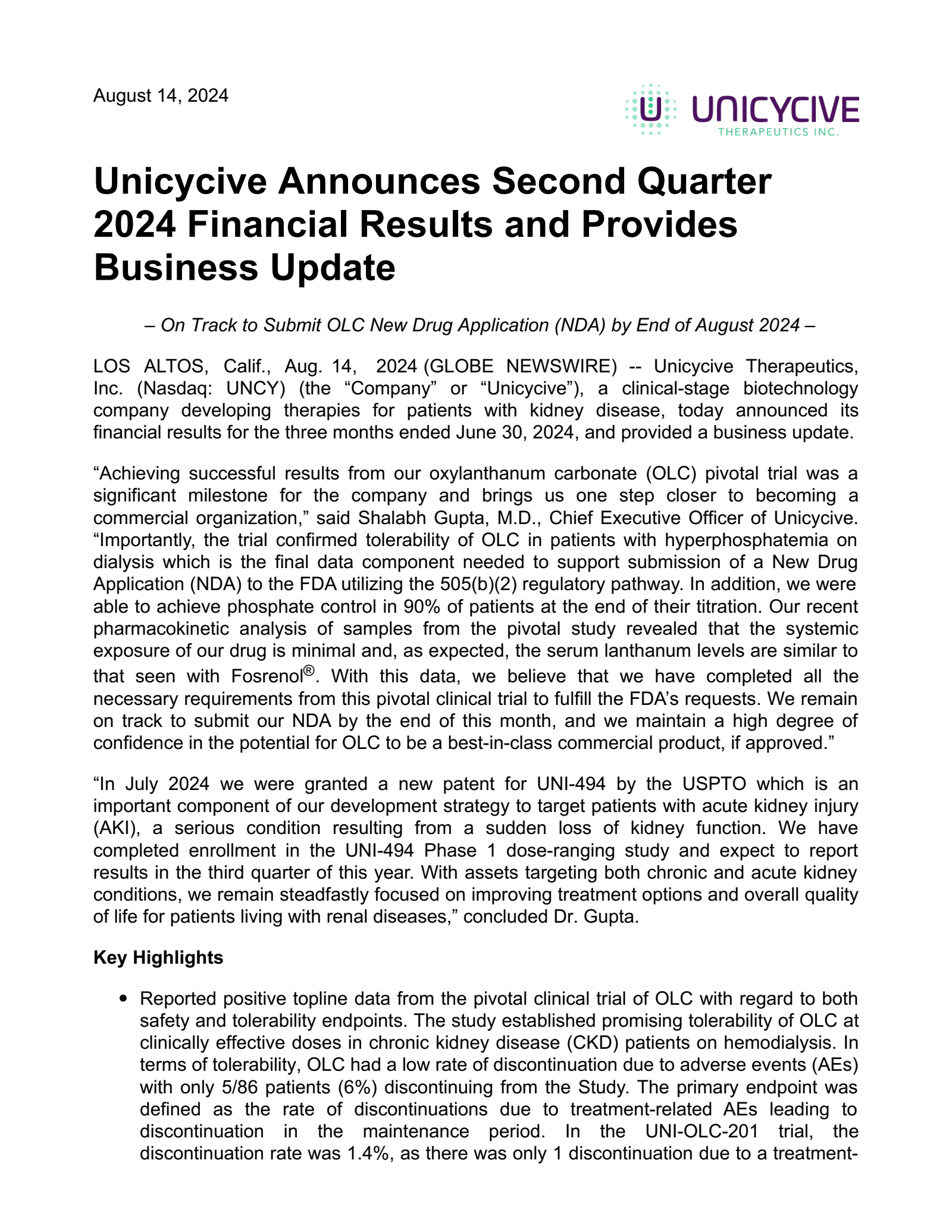 Unicycive Therapeutics' Q2 2024 Press Release