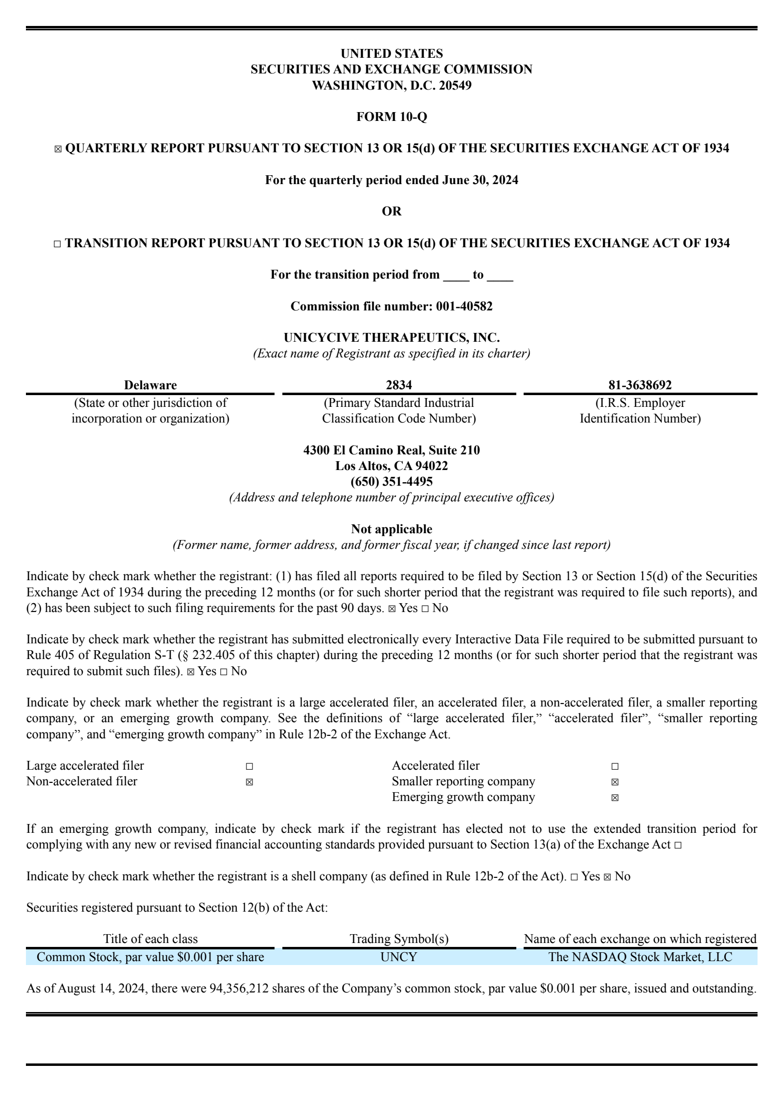 Unicycive Therapeutics' Q2 2024 Quarterly report