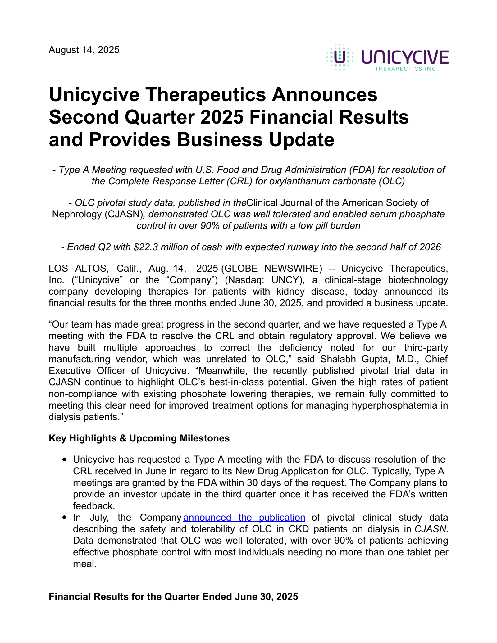 Unicycive Therapeutics' Q2 2025 Press Release