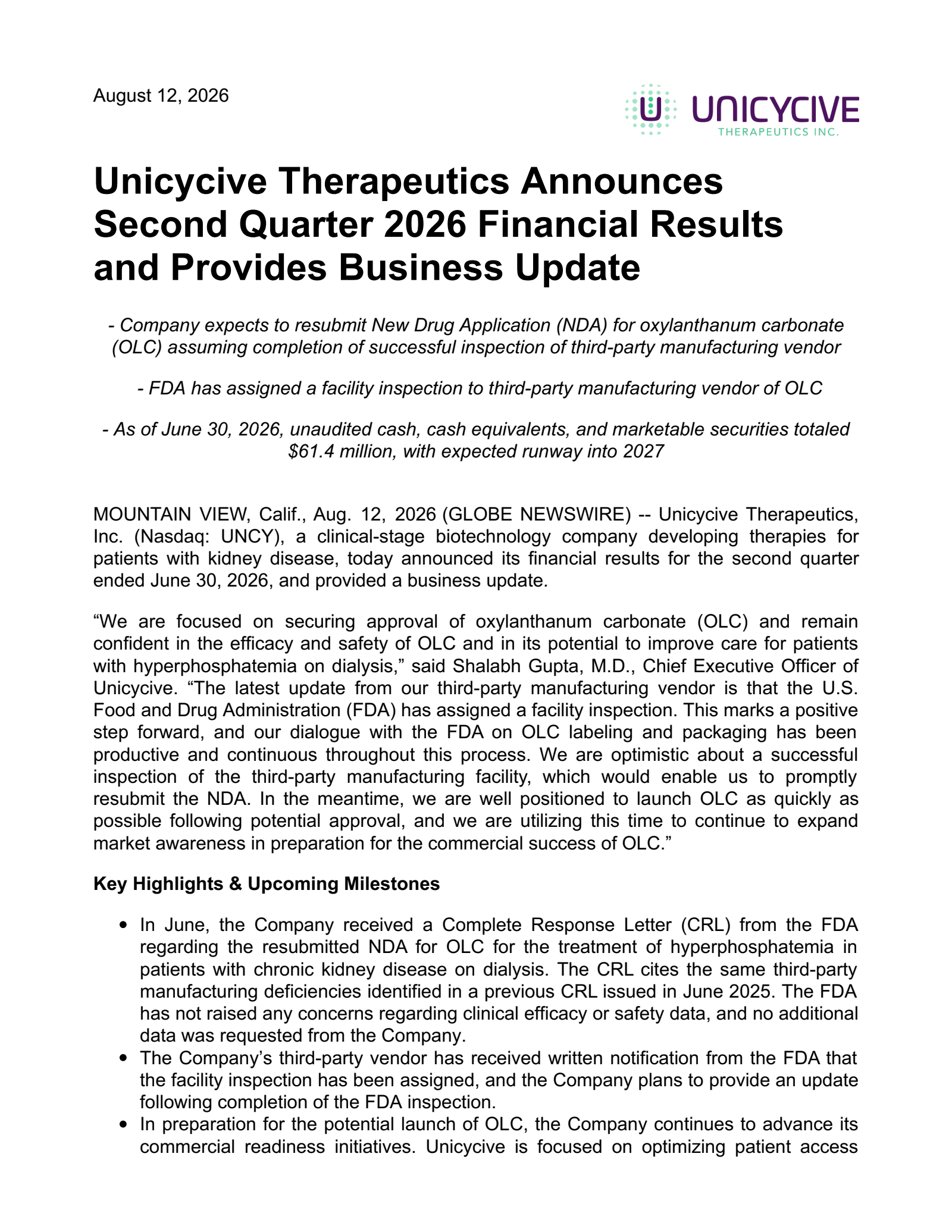 Unicycive Therapeutics' Q2 2026 Press Release