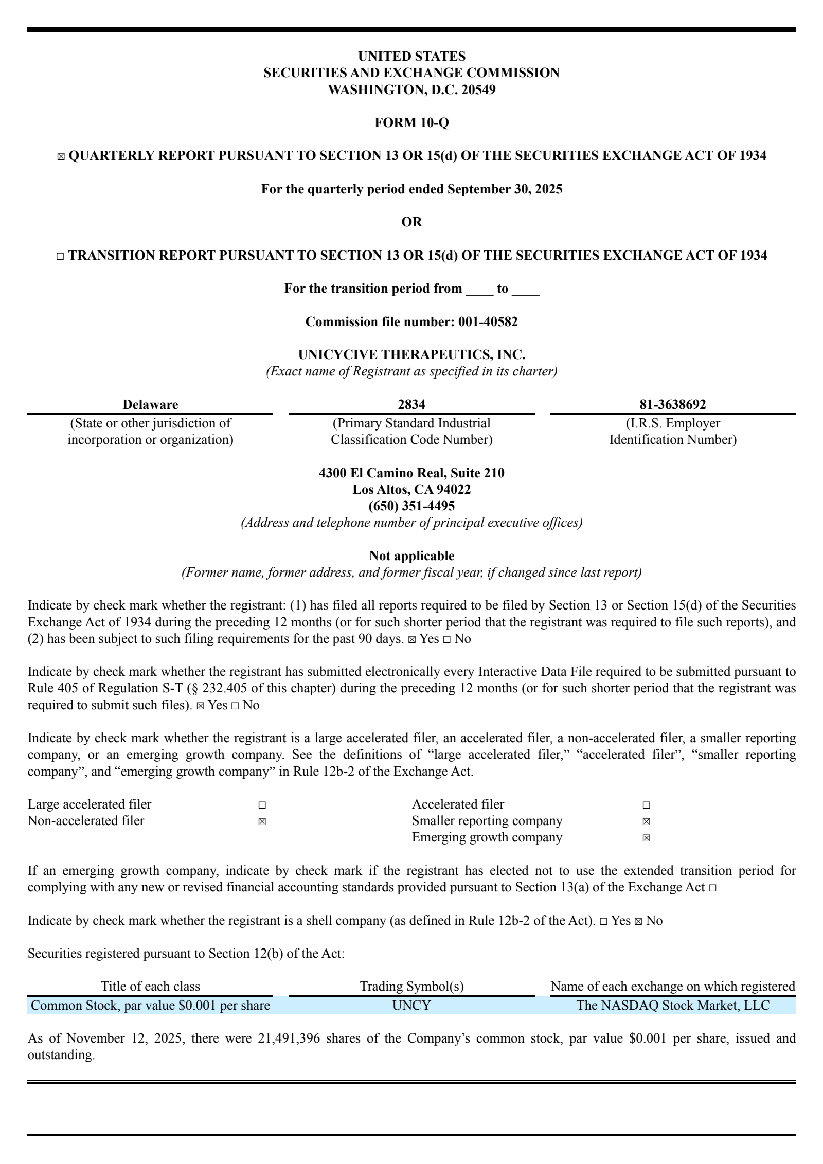 Unicycive Therapeutics' Q3 2025 Quarterly report