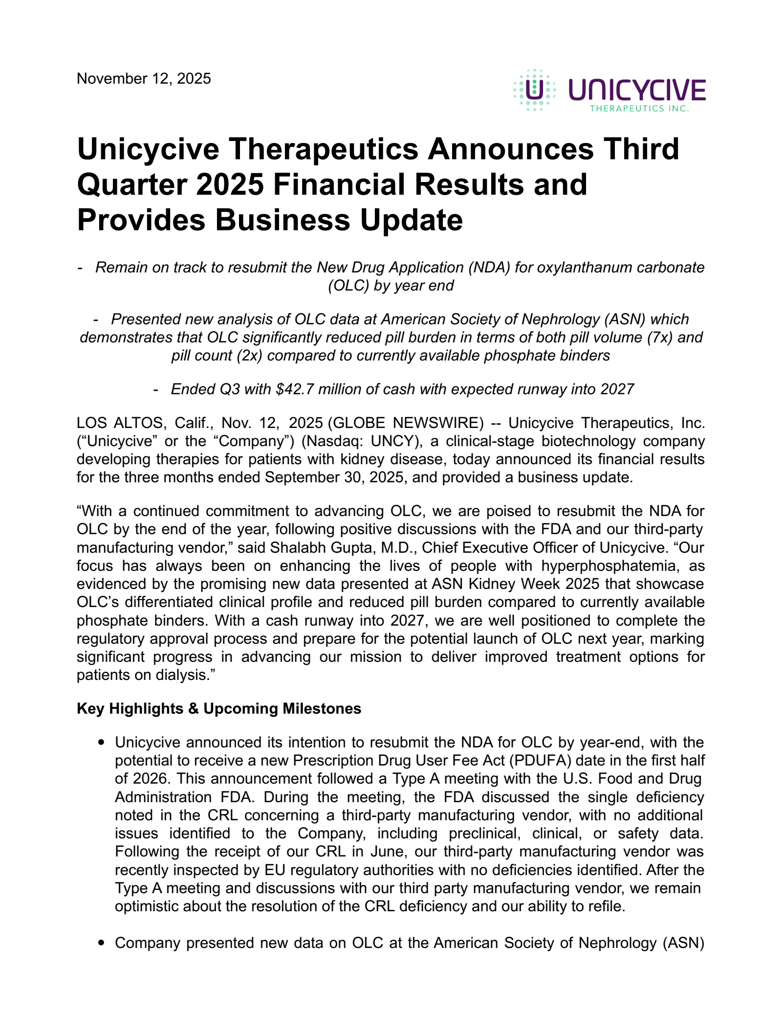 Unicycive Therapeutics' Q3 2025 Press Release