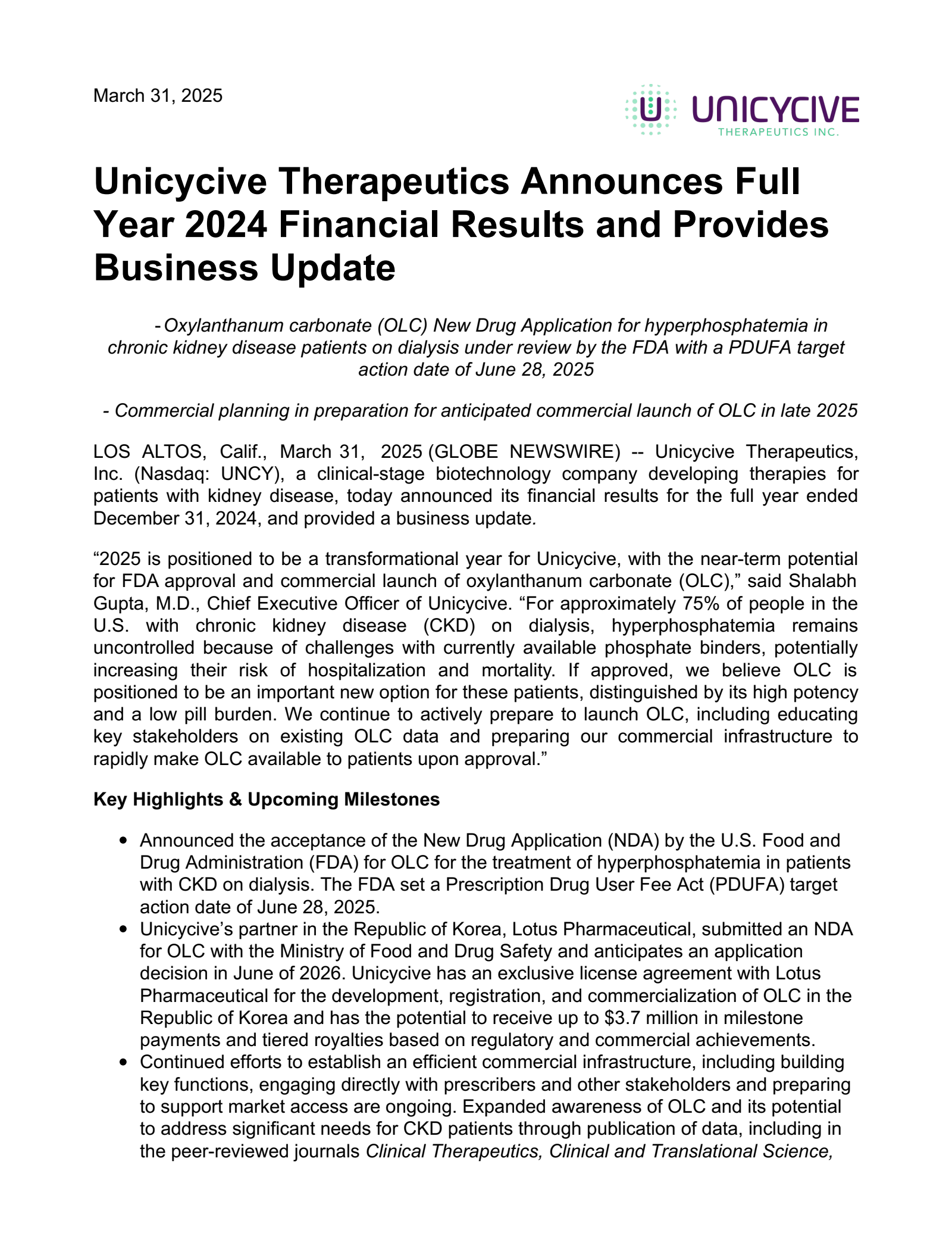 Unicycive Therapeutics' Q4 2024 Press Release