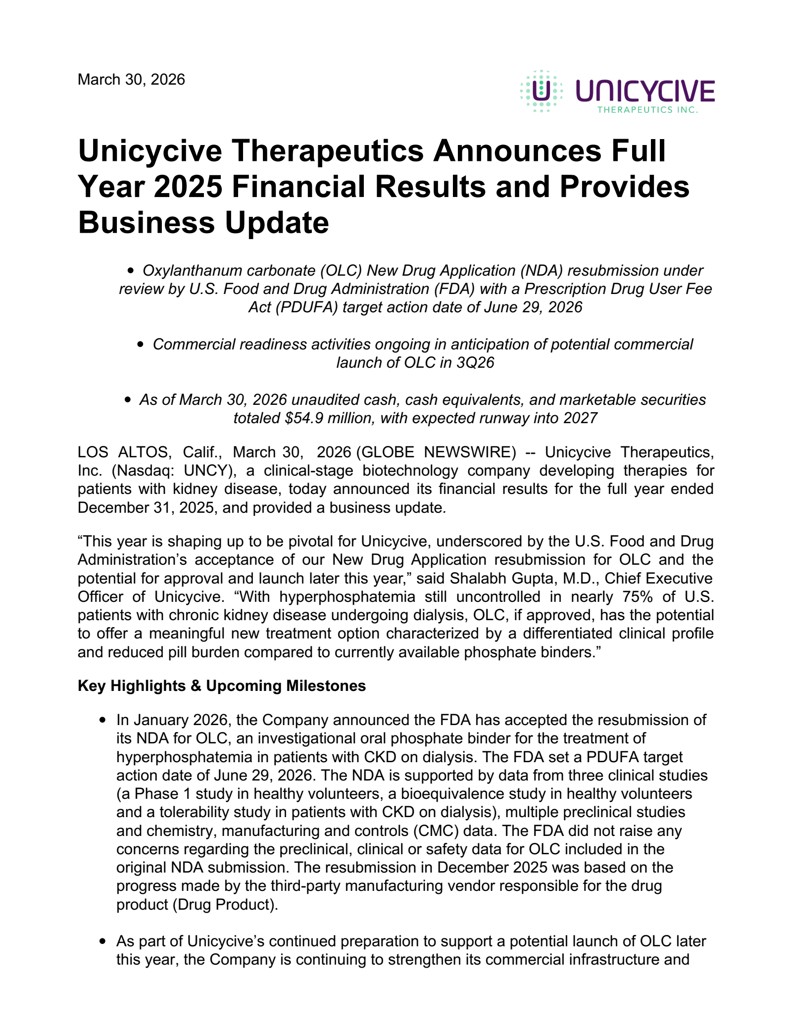 Unicycive Therapeutics' Q4 2025 Press Release