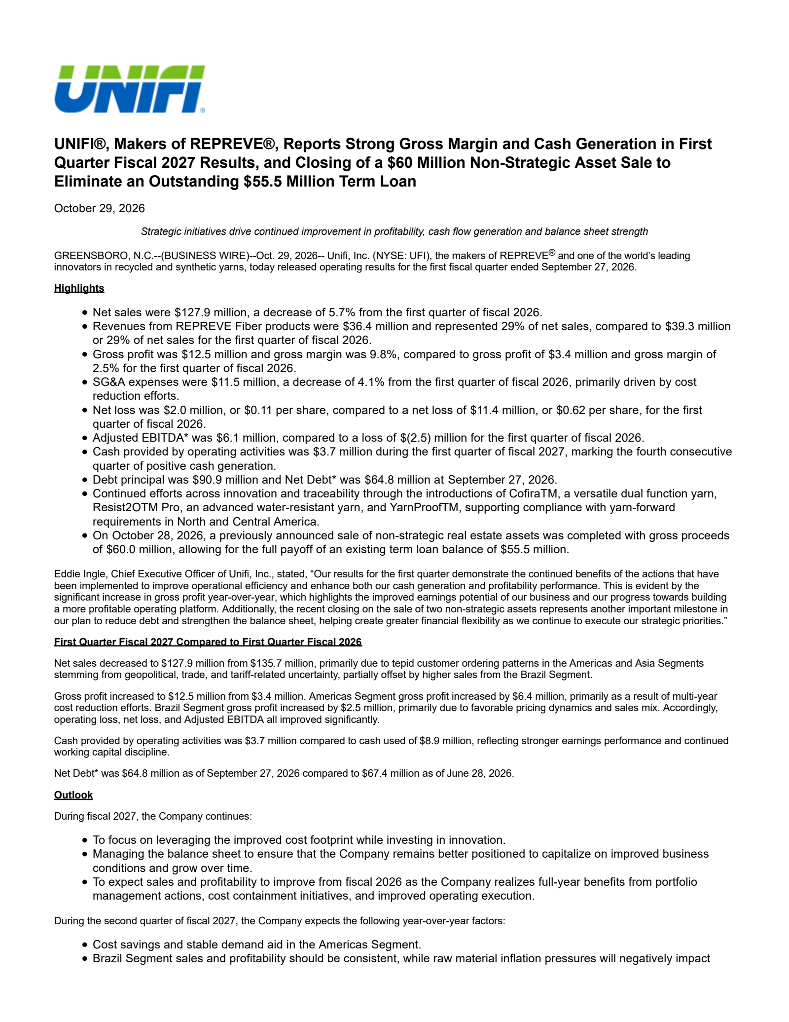 Unifi's Q1 2027 Press Release