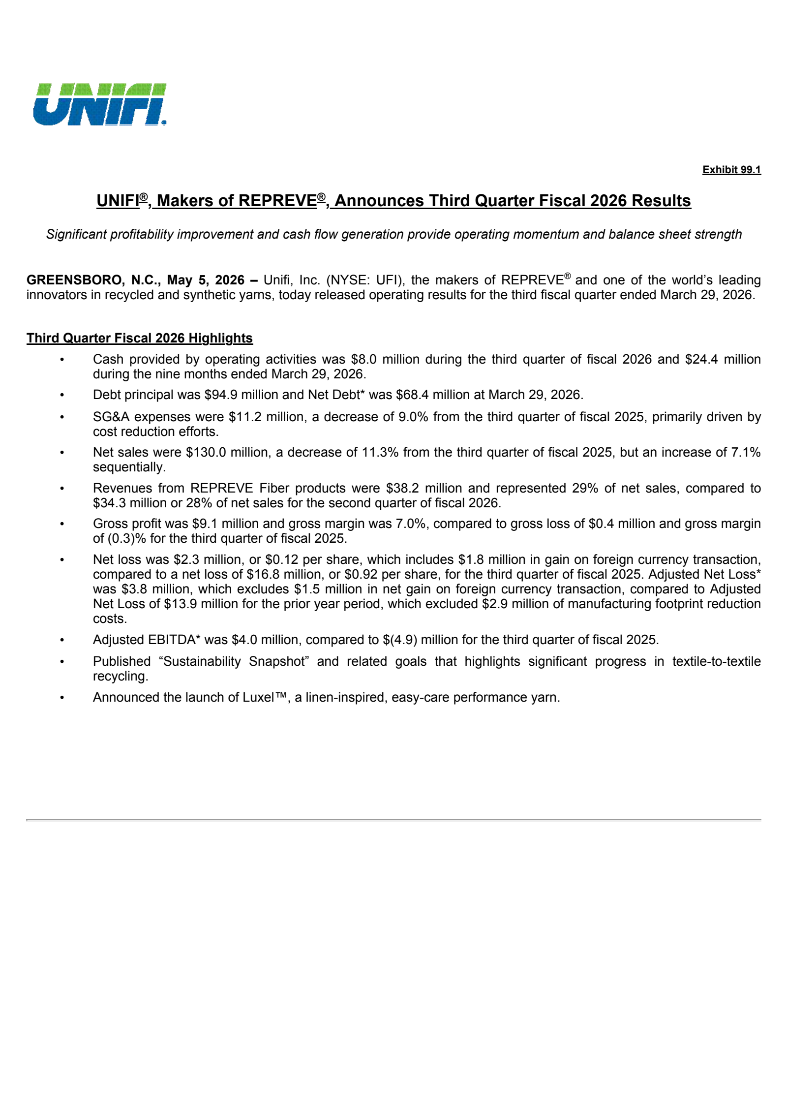 Unifi's Q3 2026 Press Release