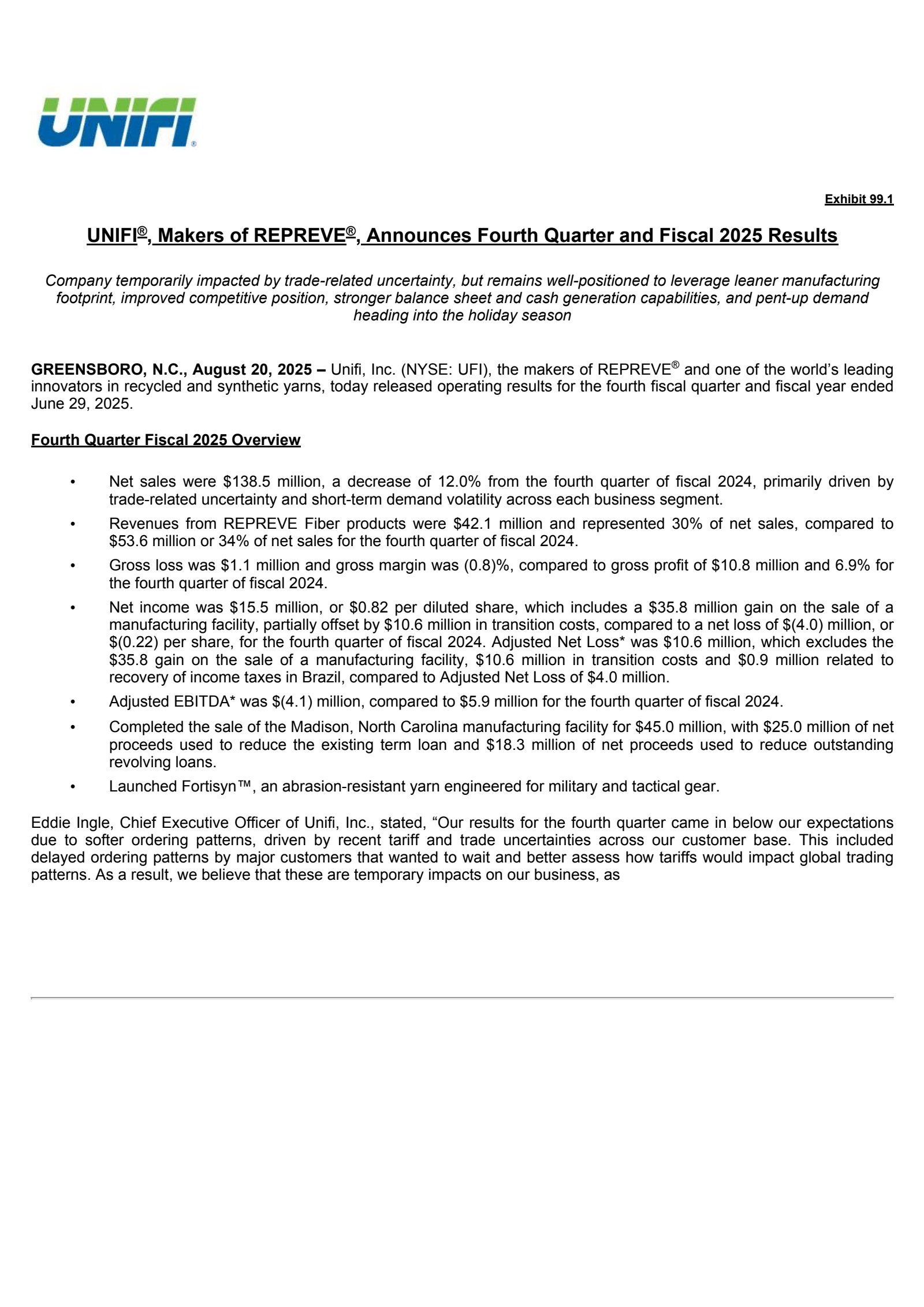 Unifi's Q4 2025 Press Release