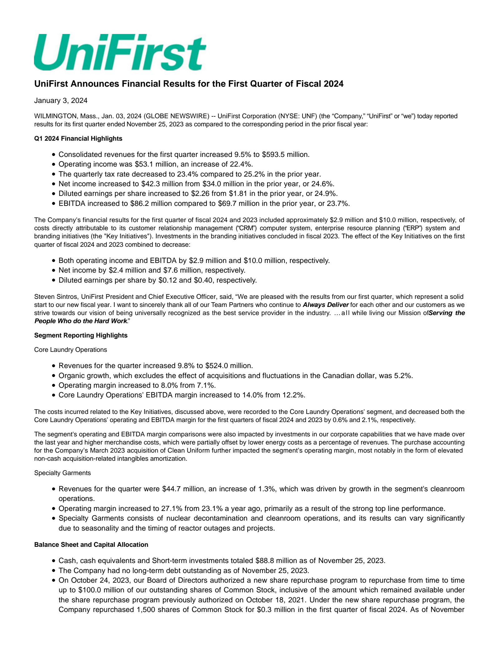 UniFirst's Q1 2024 Press Release