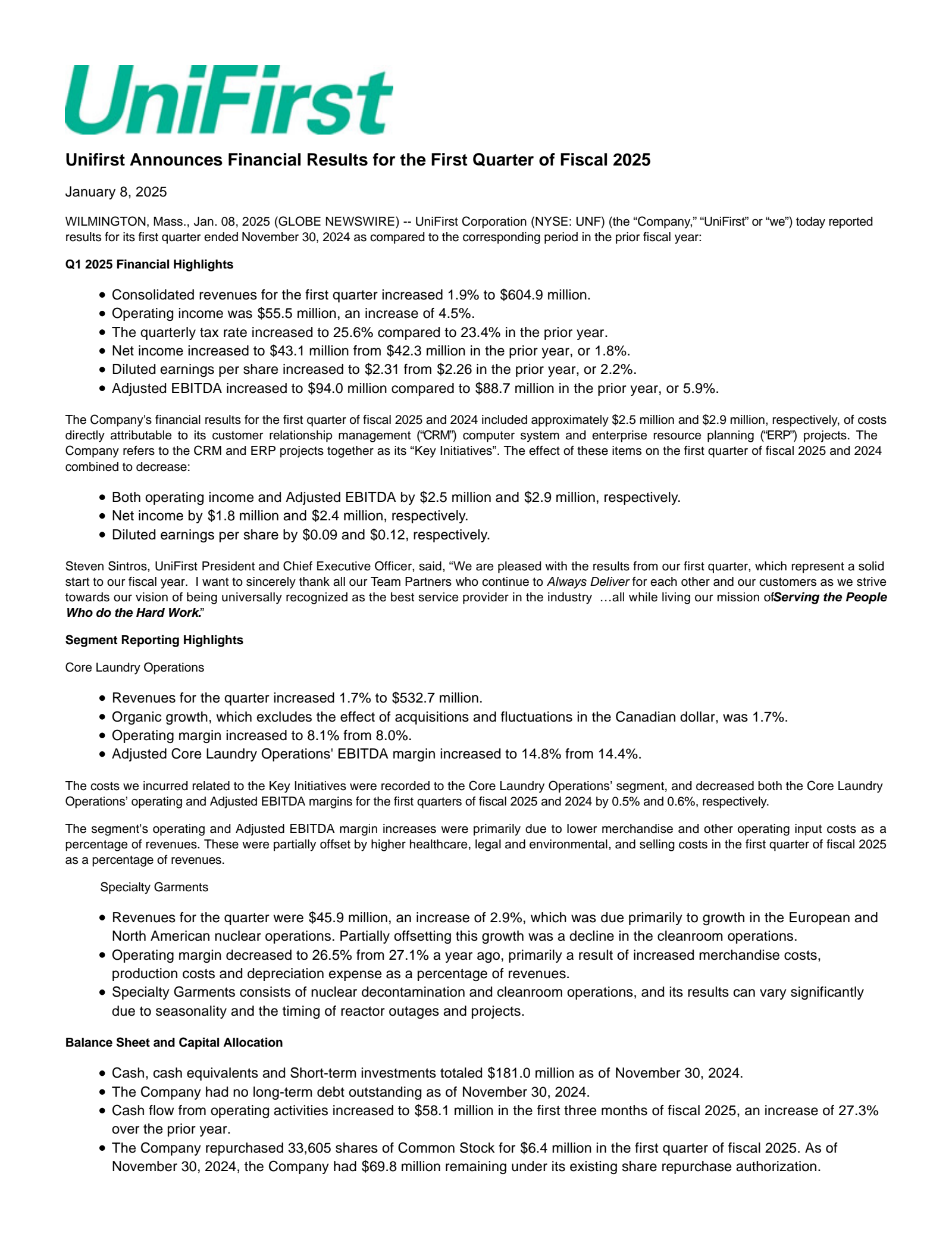 Unifirst's Q1 2025 Press Release