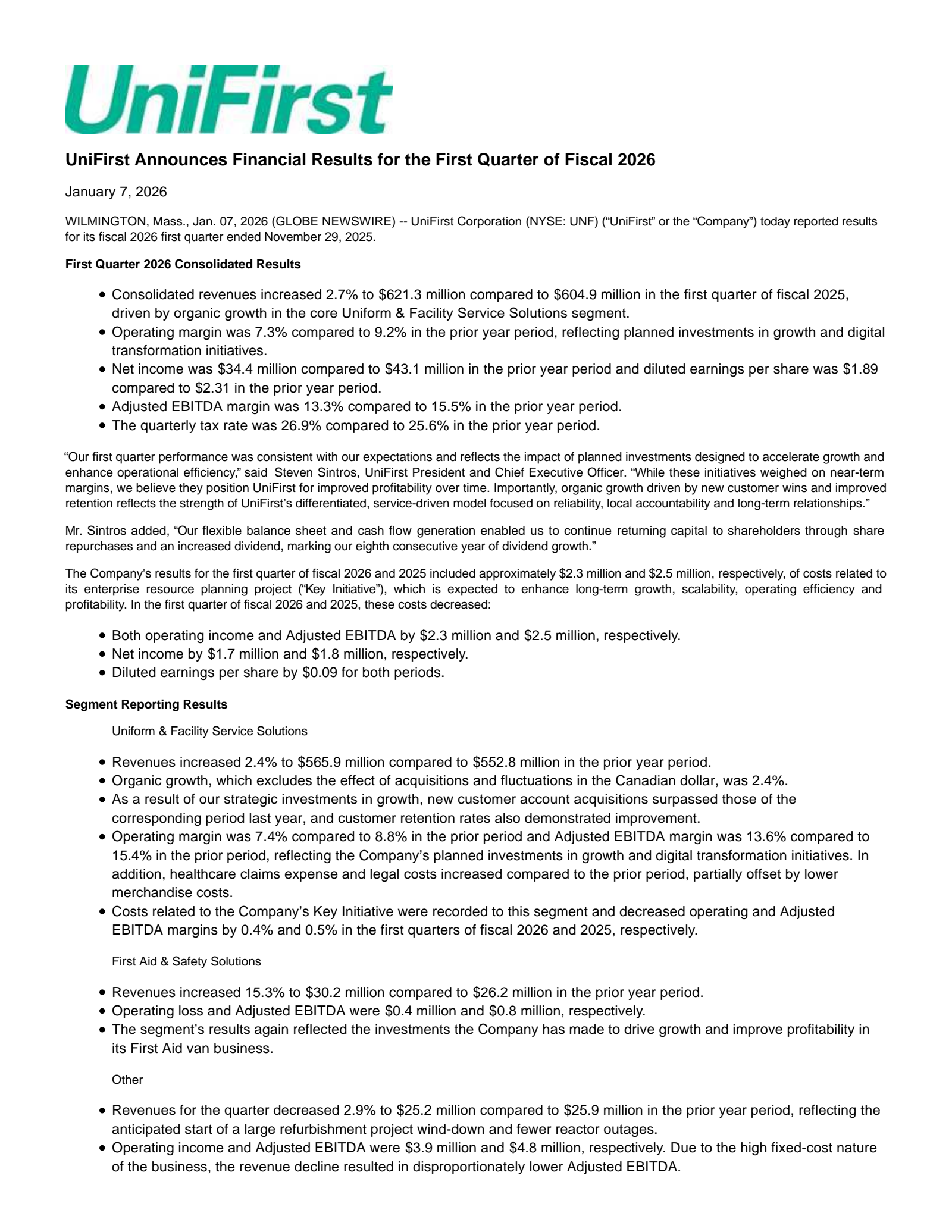 UniFirst's Q1 2026 Earnings Release